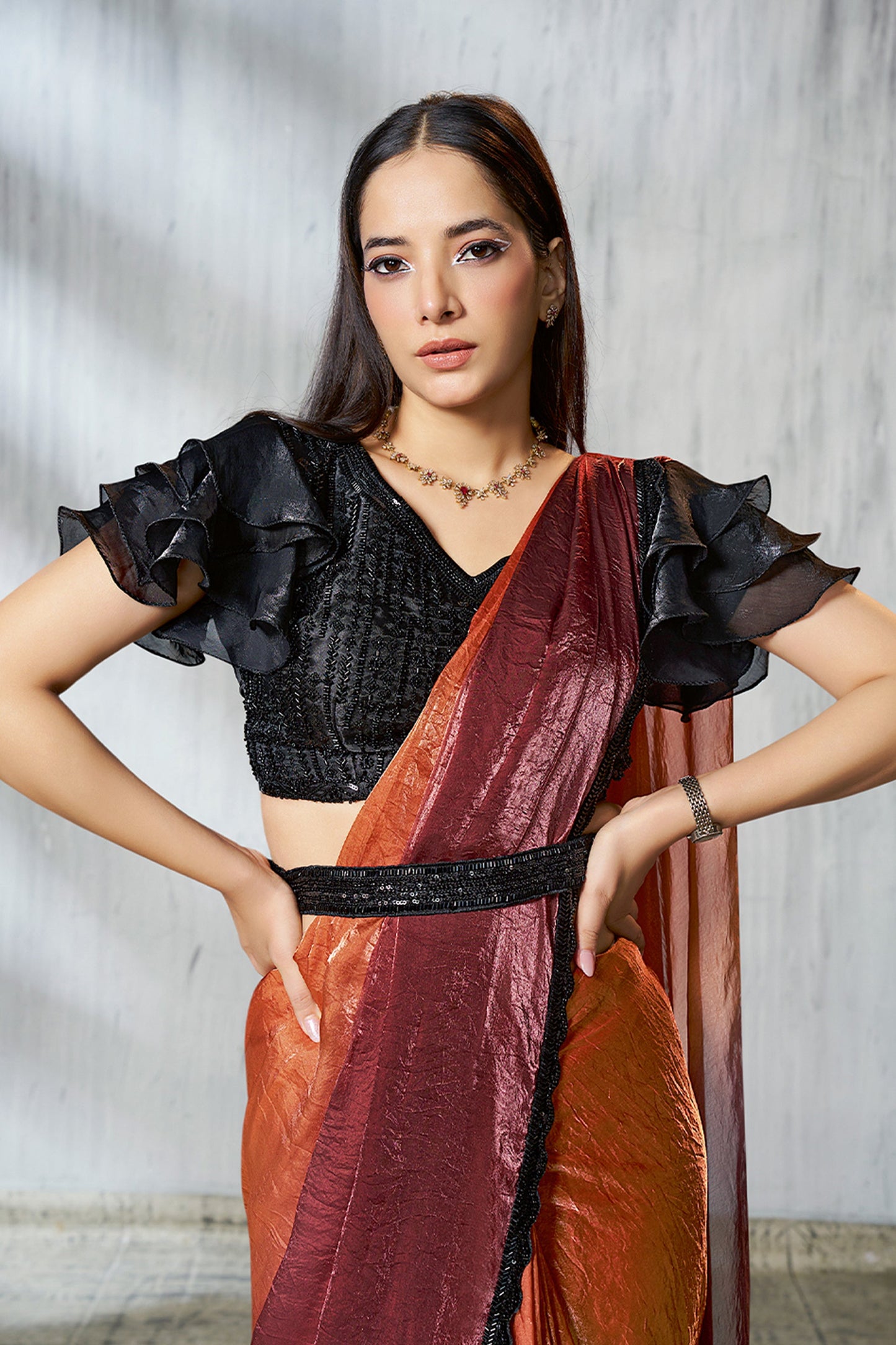 2-Tone Brown Satin Silk Readymade Saree-SAR11131_3_SareeButa.com