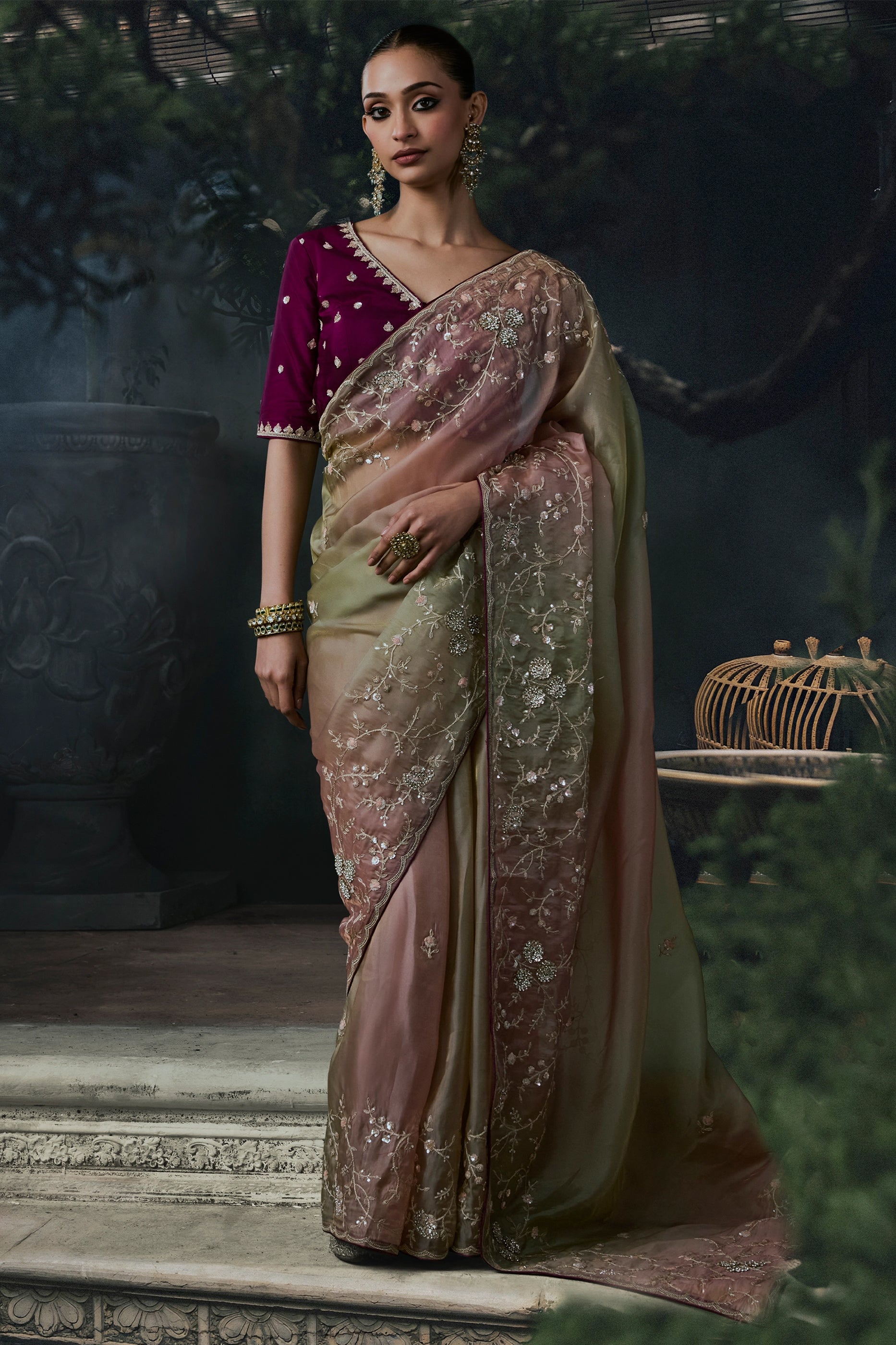 2-Tone Green Embroidered Tissue Organza Saree-SAR13109_1_SareeButa.com