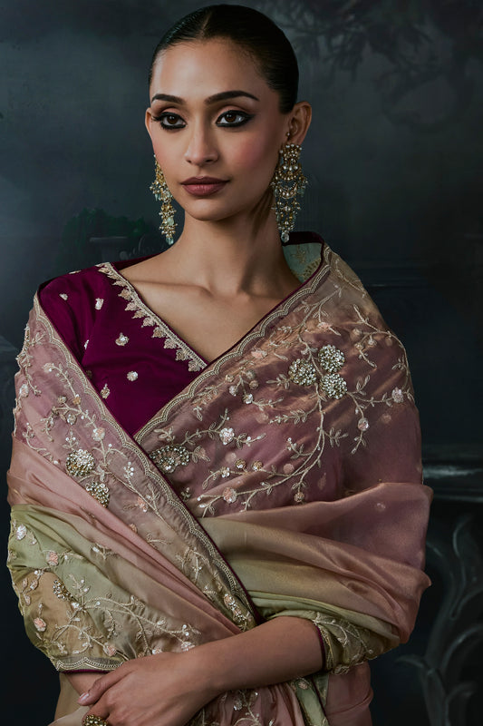2-Tone Green Embroidered Tissue Organza Saree-SAR13109_2_SareeButa.com