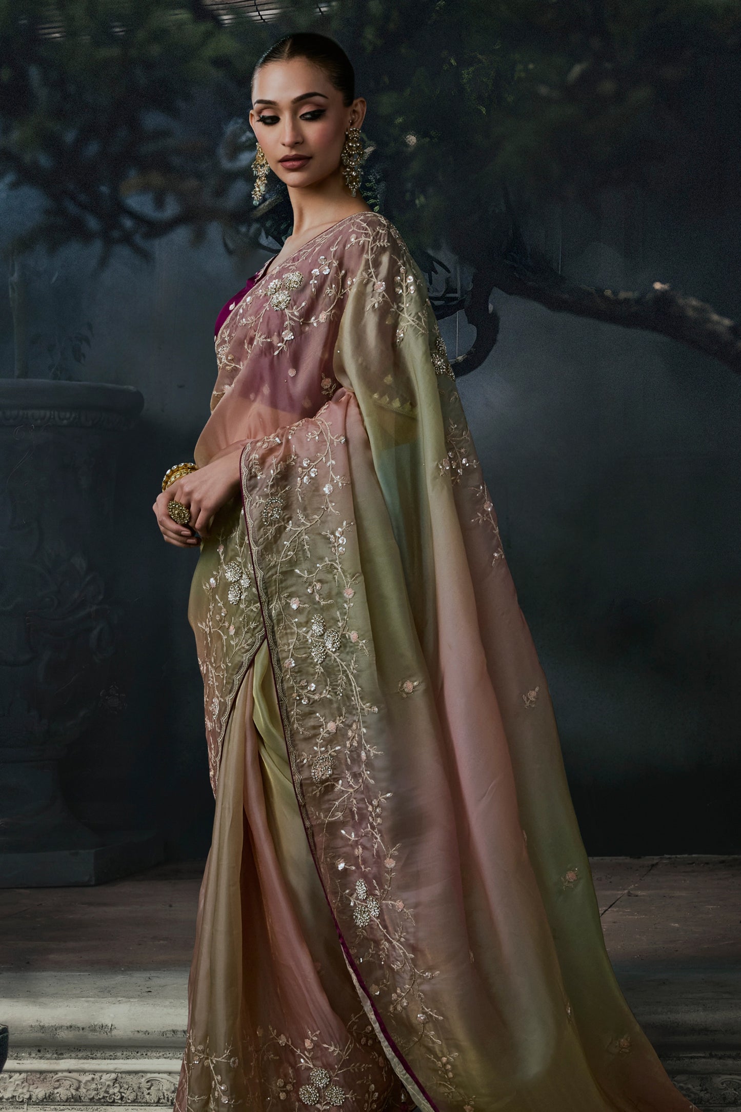 2-Tone Green Embroidered Tissue Organza Saree-SAR13109_4_SareeButa.com