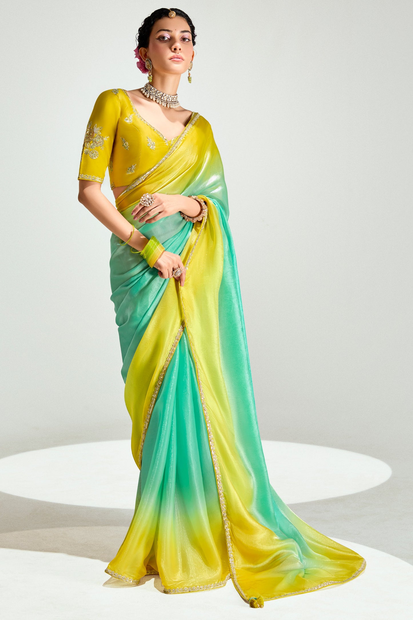 2-Tone Green Organza Tissue Saree-ZB134891_1_SareeButa.com