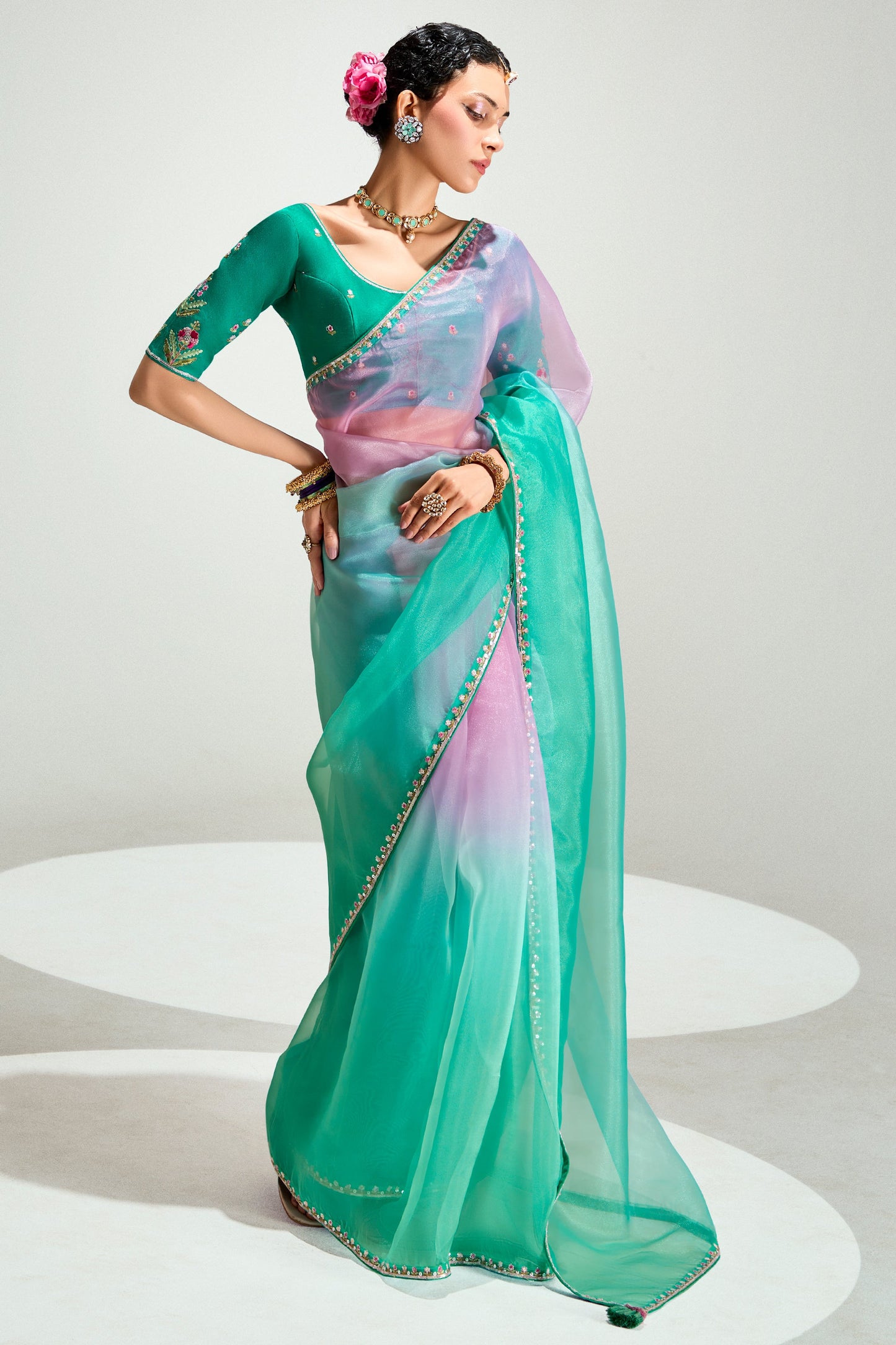 2-Tone Green Organza Tissue Saree-ZB134894_1_SareeButa.com