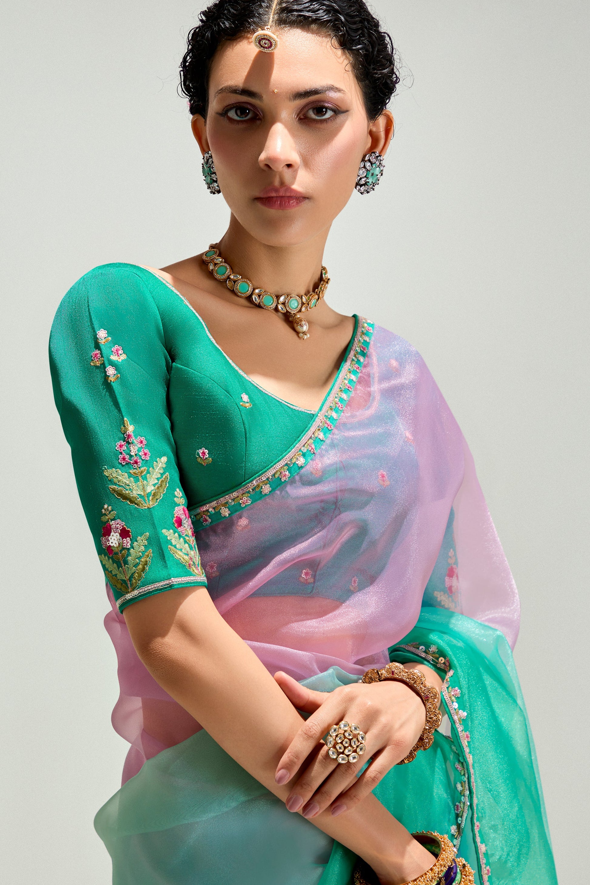 2-Tone Green Organza Tissue Saree-ZB134894_2_SareeButa.com