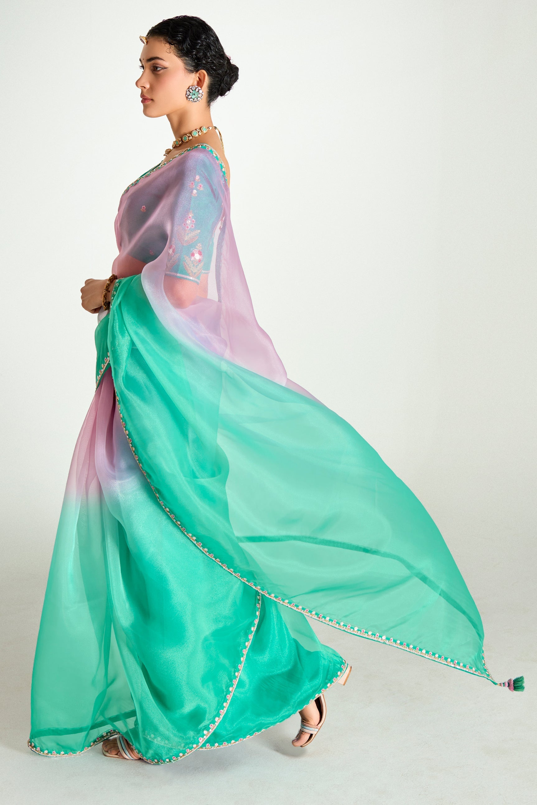 2-Tone Green Organza Tissue Saree-ZB134894_4_SareeButa.com