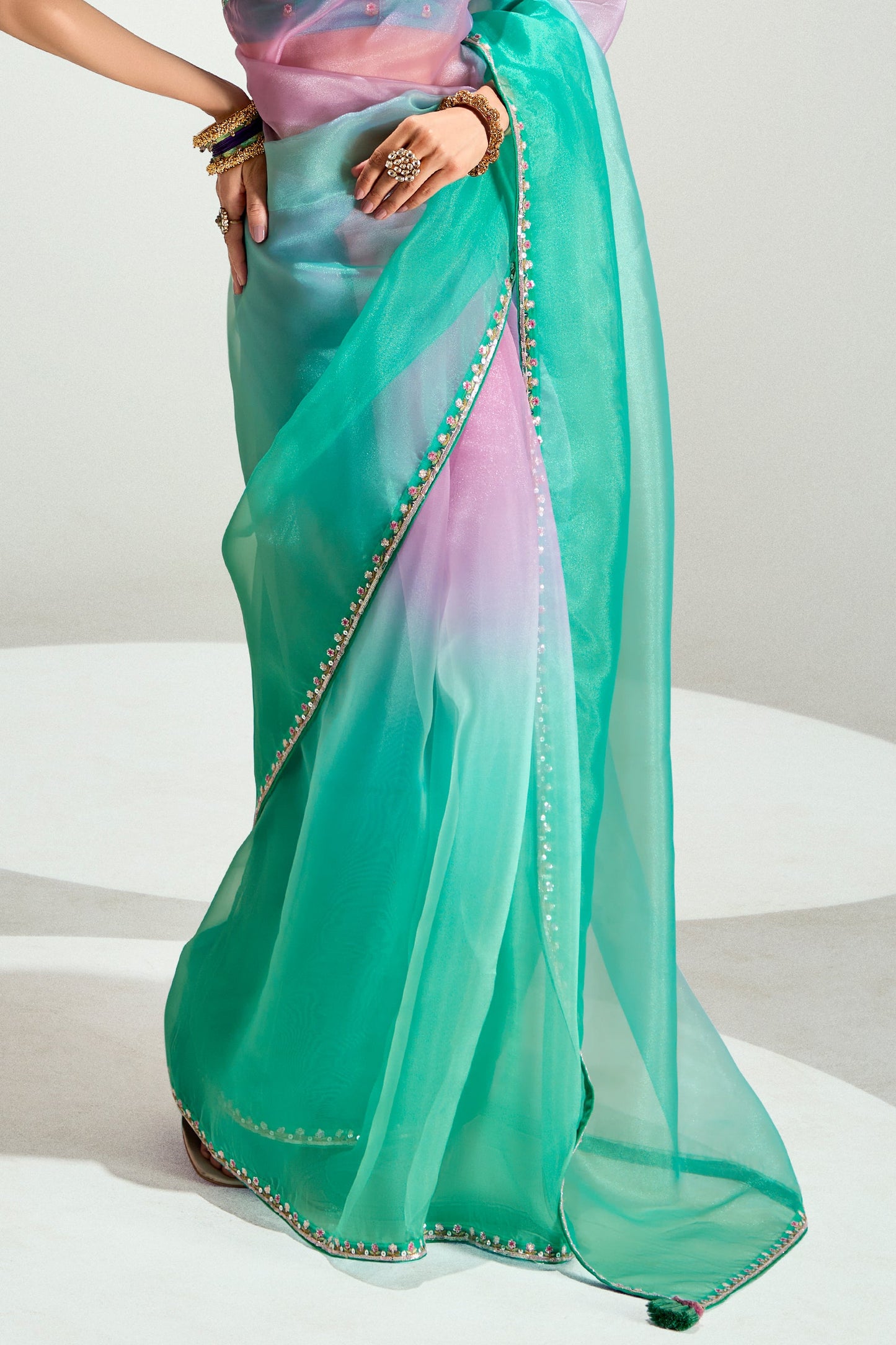 2-Tone Green Organza Tissue Saree-ZB134894_5_SareeButa.com