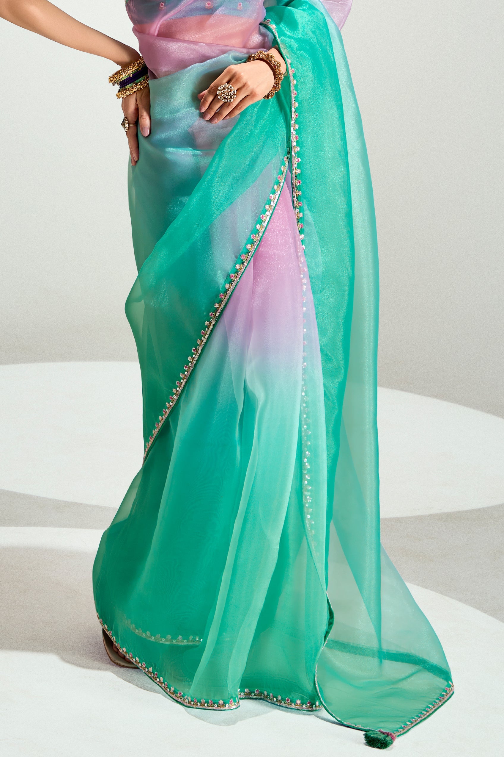 2-Tone Green Organza Tissue Saree-ZB134894_5_SareeButa.com
