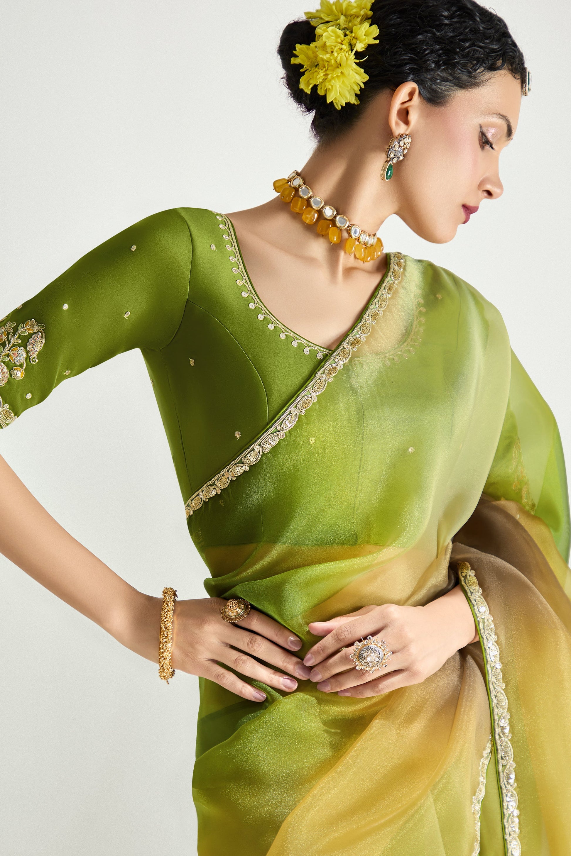 2-Tone Green Organza Tissue Saree-ZB134896_2_SareeButa.com