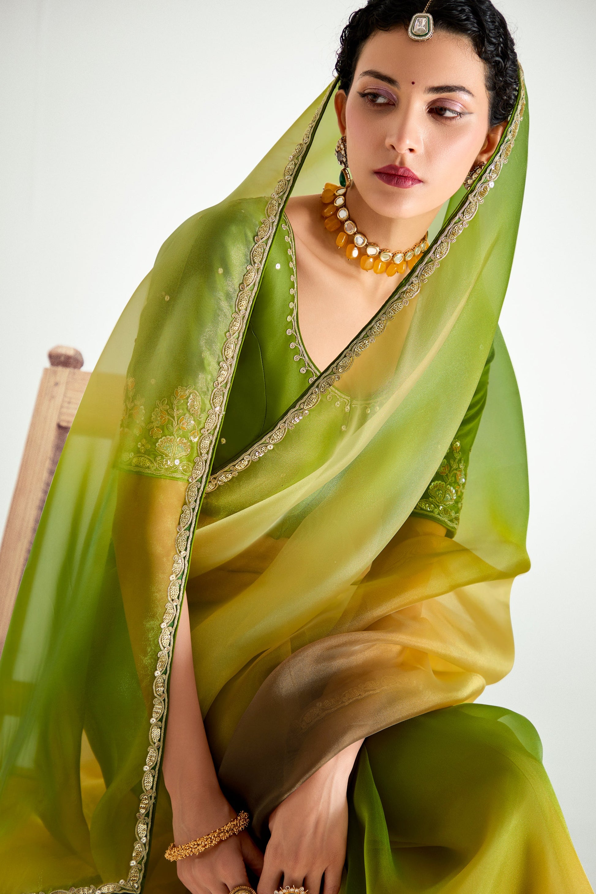 2-Tone Green Organza Tissue Saree-ZB134896_4_SareeButa.com