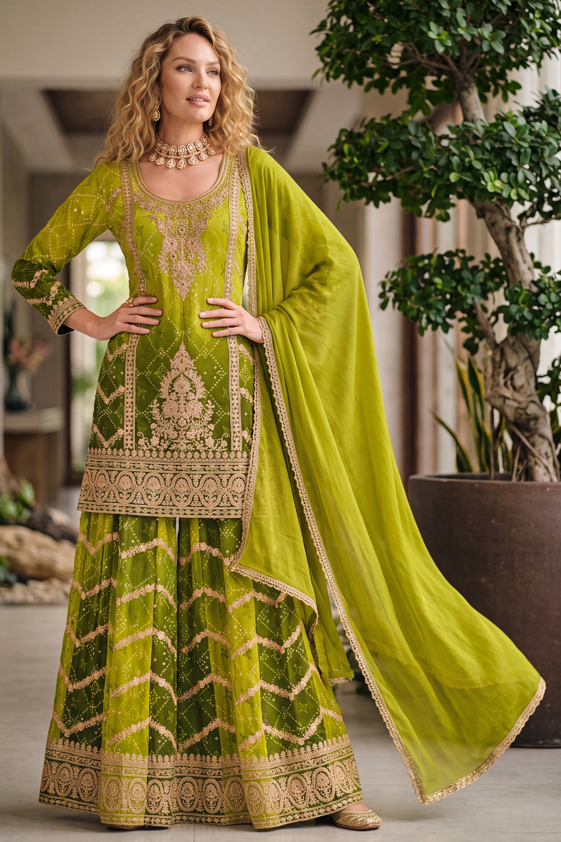 2-Tone Green Readymade Embroidered Chinon Suit-SAR12810_3_SareeButa.com