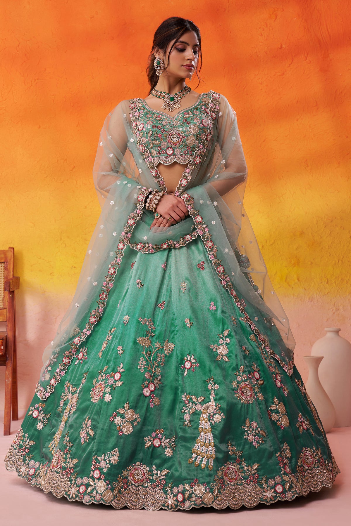 2-Tone Green Semi Stitched Embroidered Tissue Lehenga-SAR12851_1_SareeButa.com