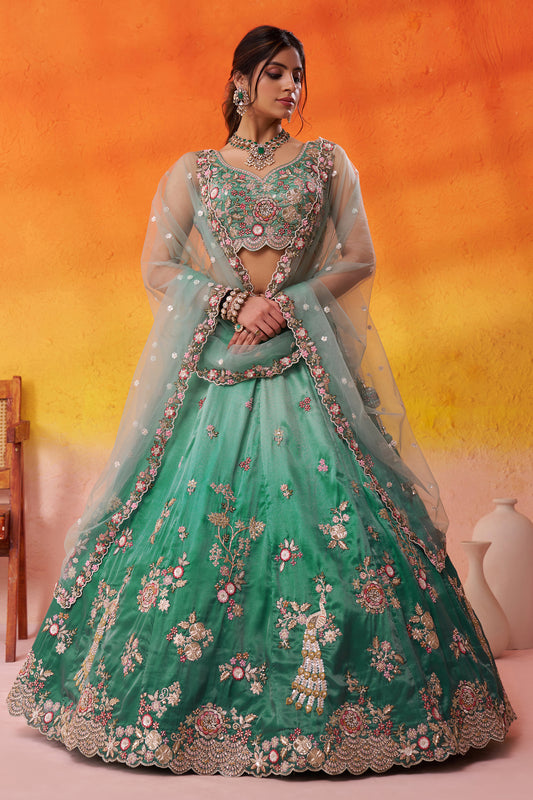 2-Tone Green Semi Stitched Embroidered Tissue Lehenga-SAR12851_1_SareeButa.com