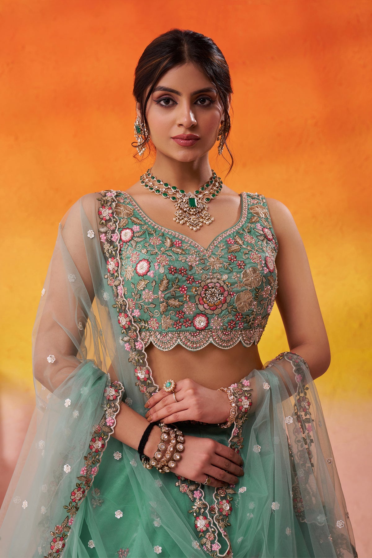 2-Tone Green Semi Stitched Embroidered Tissue Lehenga-SAR12851_2_SareeButa.com