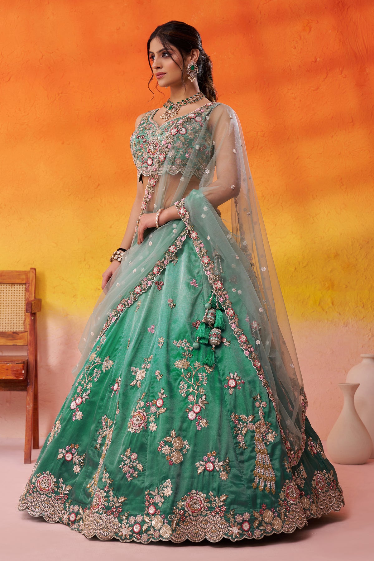 2-Tone Green Semi Stitched Embroidered Tissue Lehenga-SAR12851_3_SareeButa.com