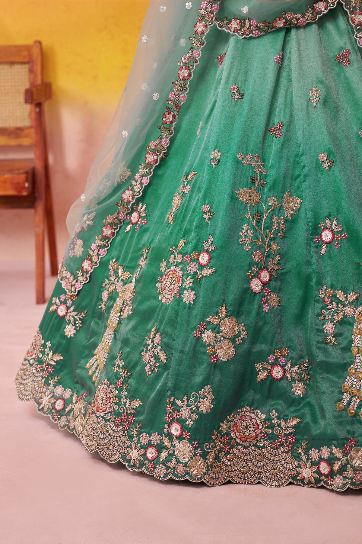 2-Tone Green Semi Stitched Embroidered Tissue Lehenga-SAR12851_4_SareeButa.com
