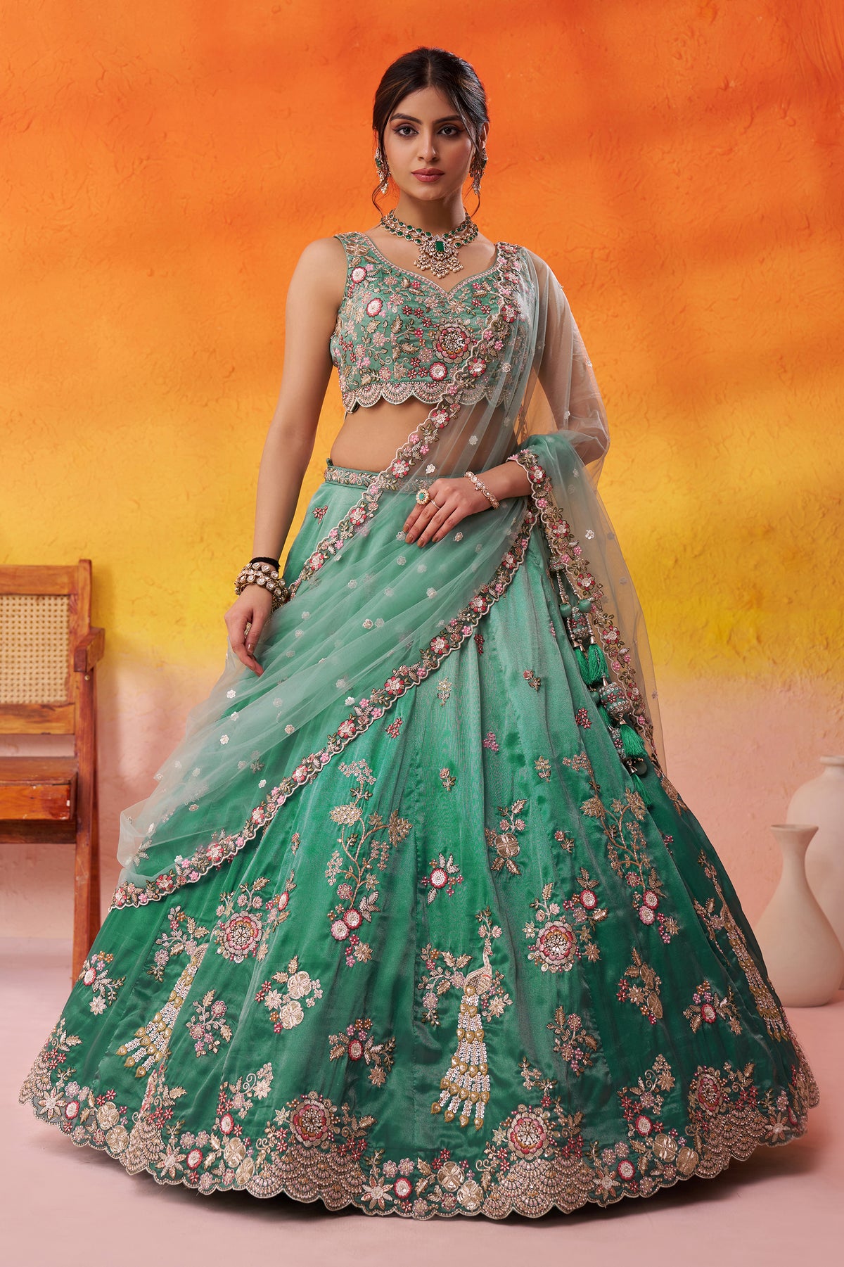 2-Tone Green Semi Stitched Embroidered Tissue Lehenga-SAR12851_5_SareeButa.com