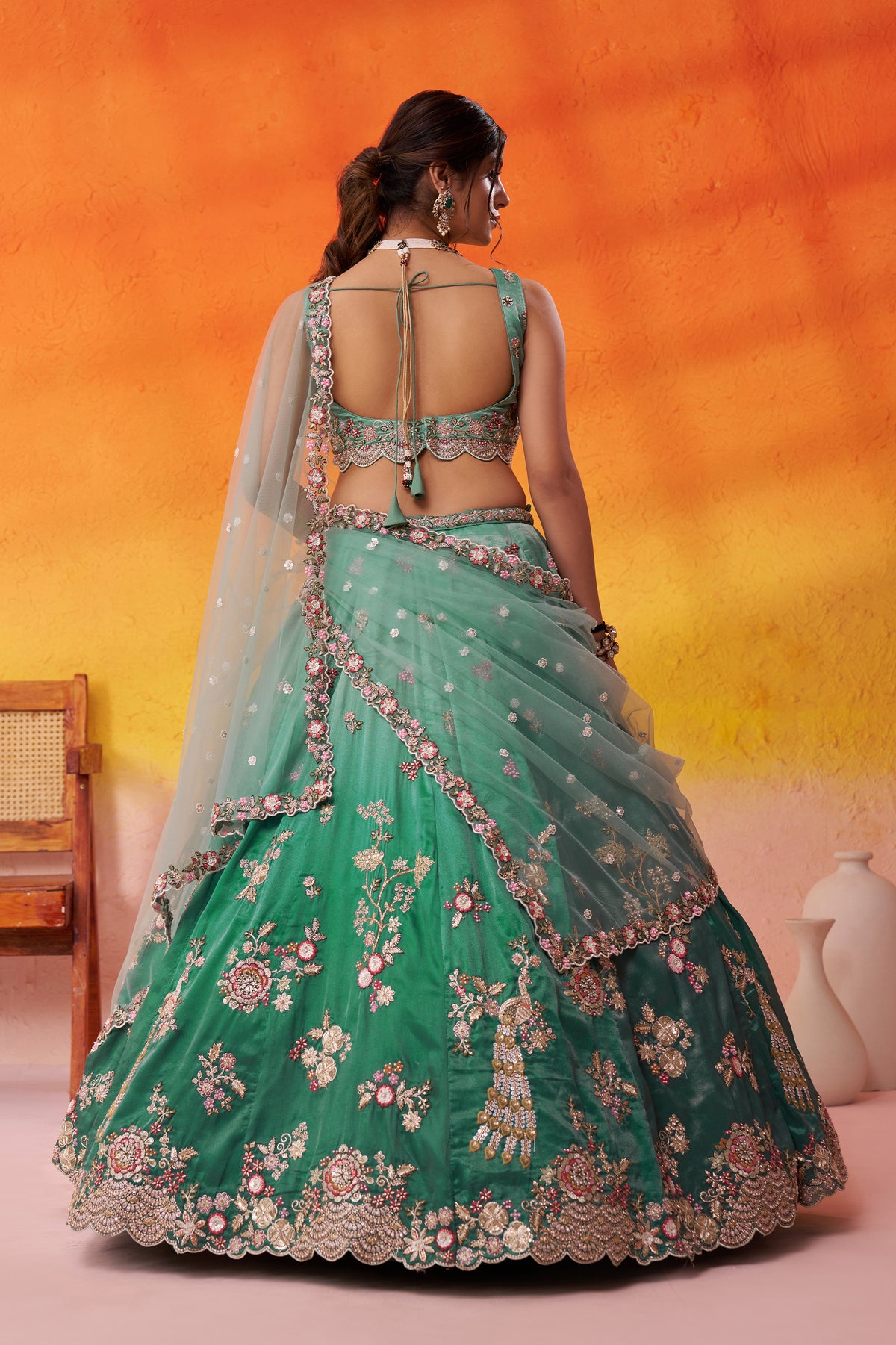 2-Tone Green Semi Stitched Embroidered Tissue Lehenga-SAR12851_6_SareeButa.com