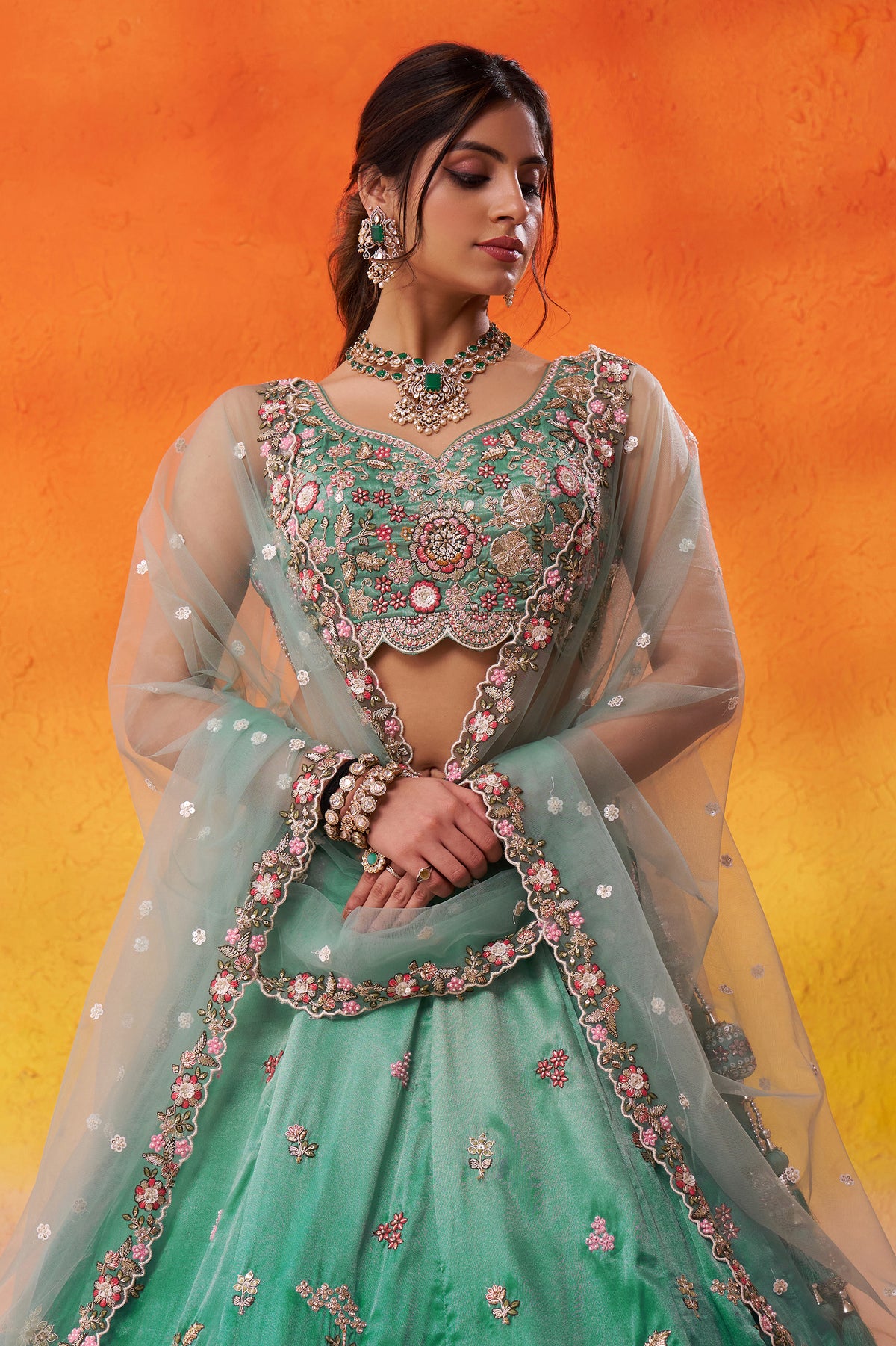 2-Tone Green Semi Stitched Embroidered Tissue Lehenga-SAR12851_7_SareeButa.com