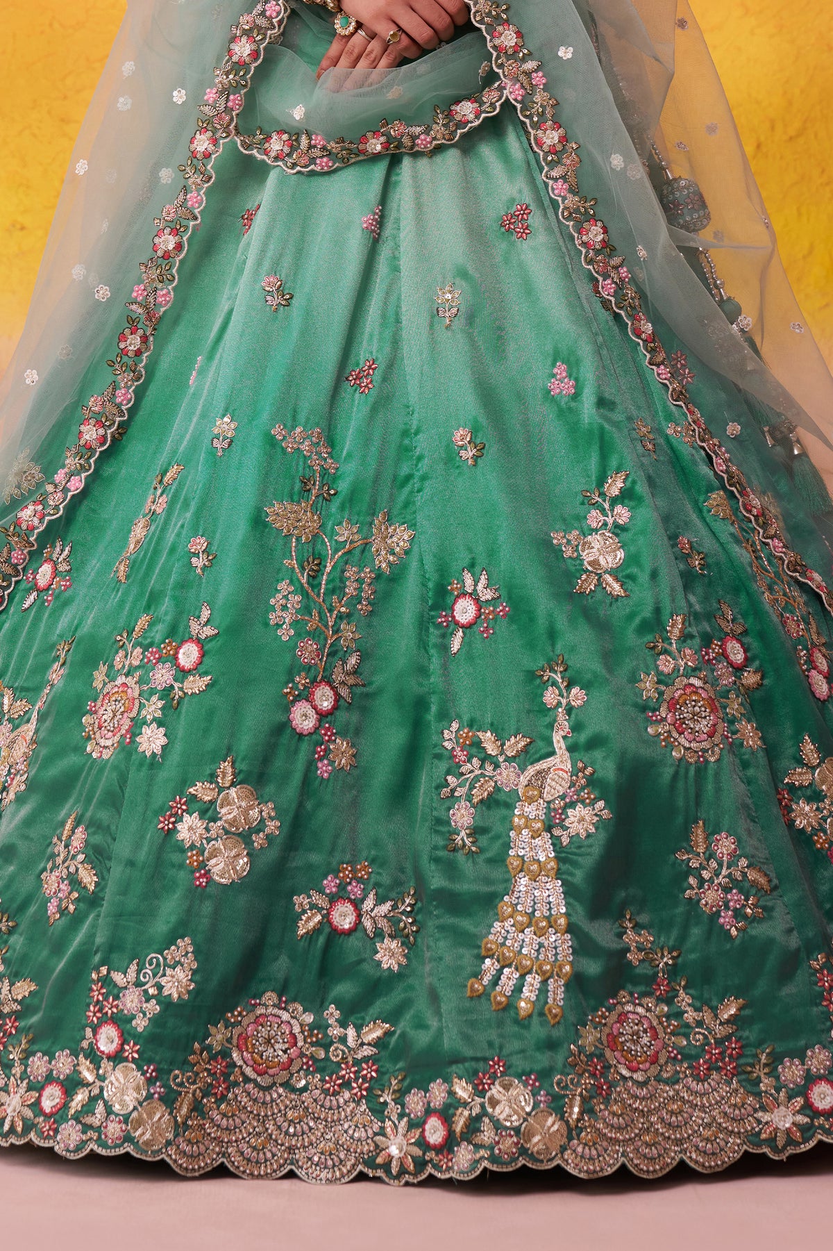 2-Tone Green Semi Stitched Embroidered Tissue Lehenga-SAR12851_8_SareeButa.com
