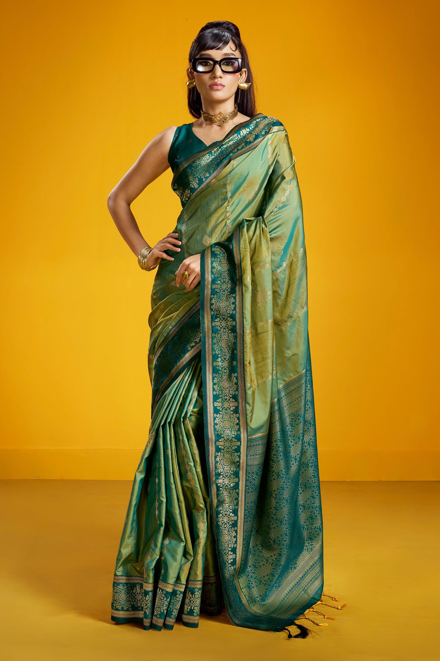 2-Tone Green Woven Silk Saree-SAR12366_1_SareeButa.com