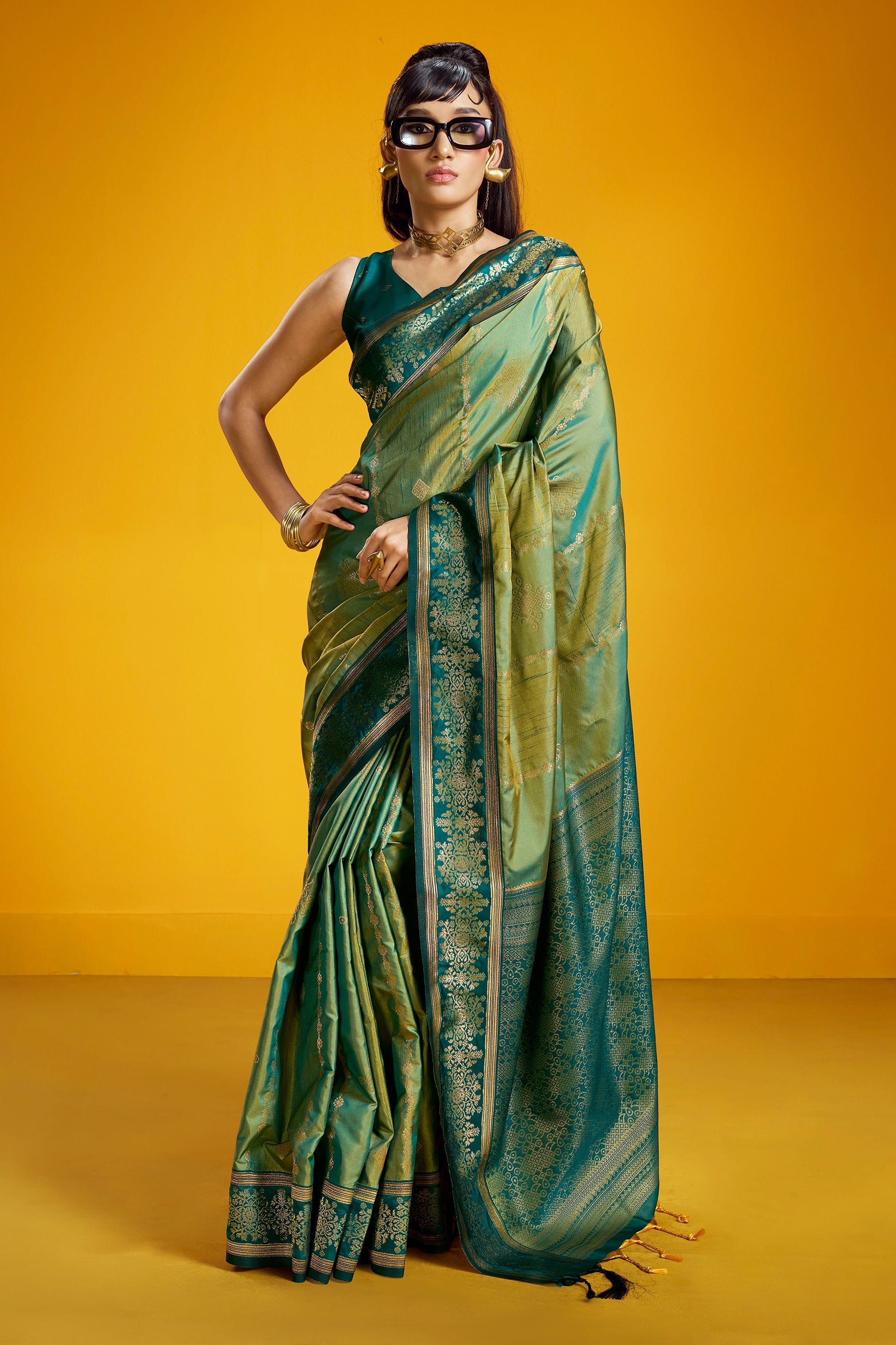 2-Tone Green Woven Silk Saree-SAR12366_1_SareeButa.com