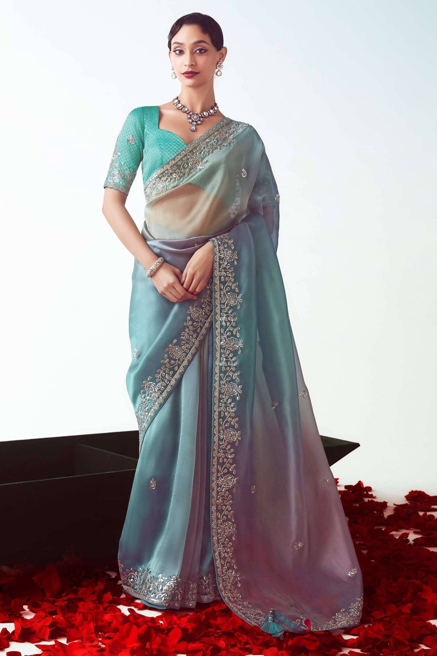 2-Tone Grey Embroidered Organza Saree-ZB134780_1_SareeButa.com