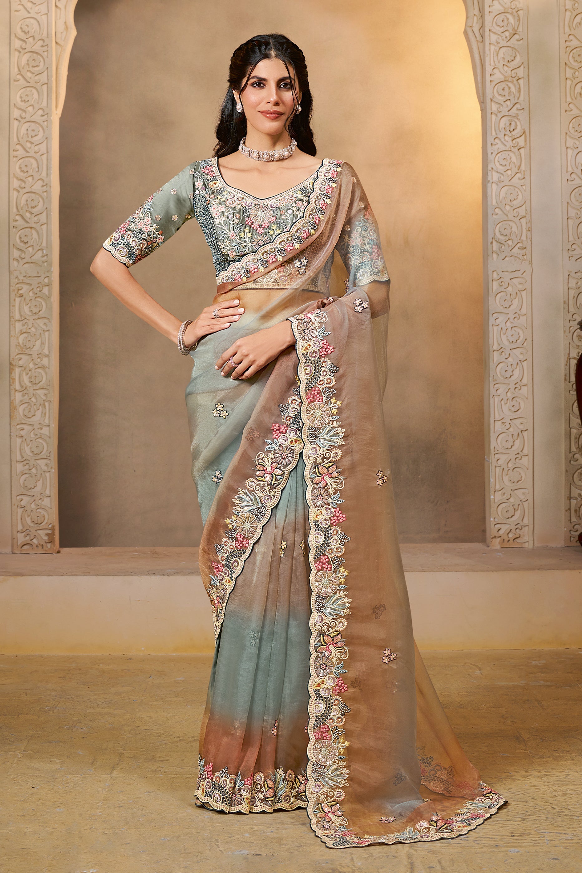 2-Tone Grey Embroidered Organza Satin Saree-SAR10878_1_SareeButa.com