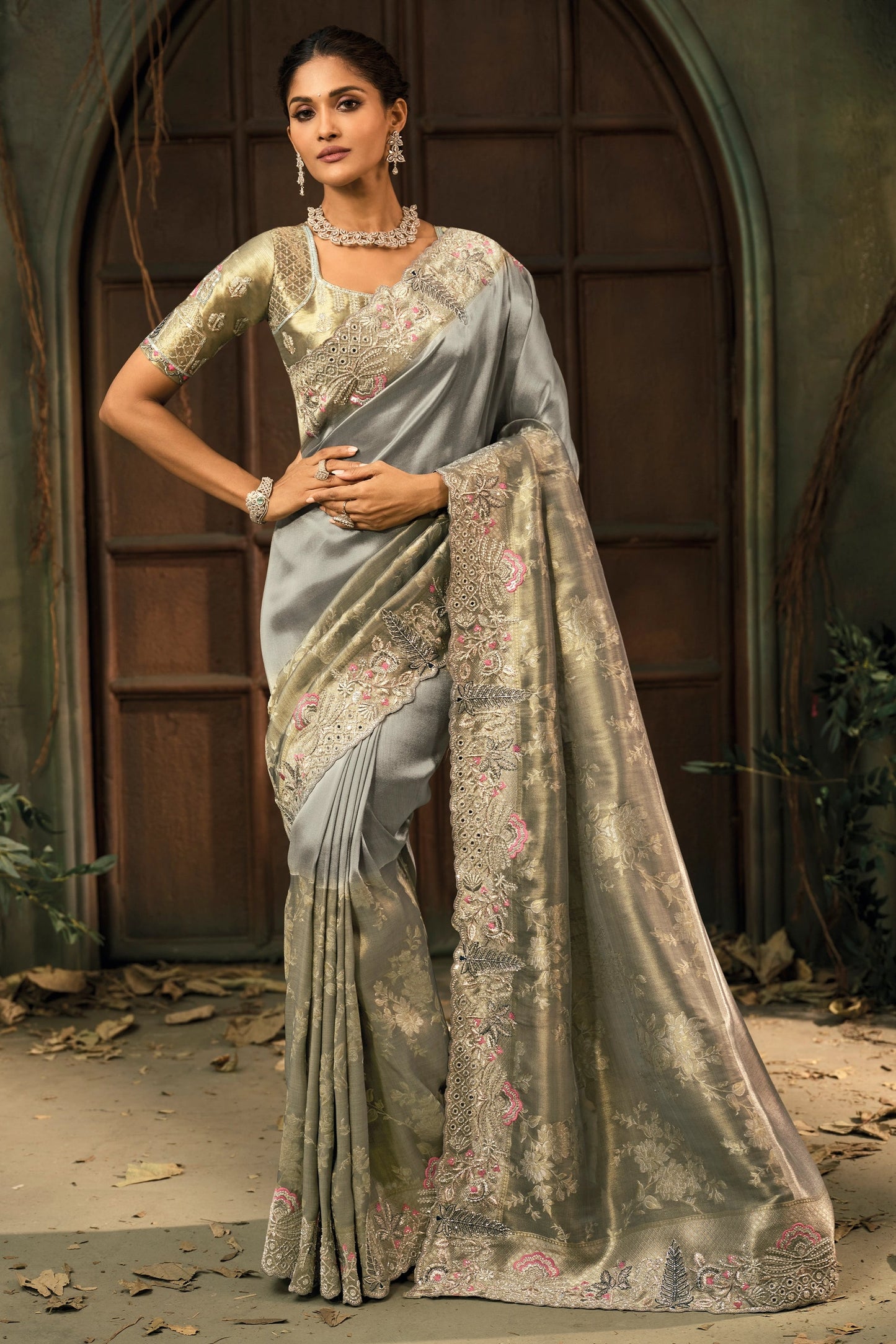 2-Tone Grey Heavy Work Woven Silk Saree-SAR11580_1_SareeButa.com