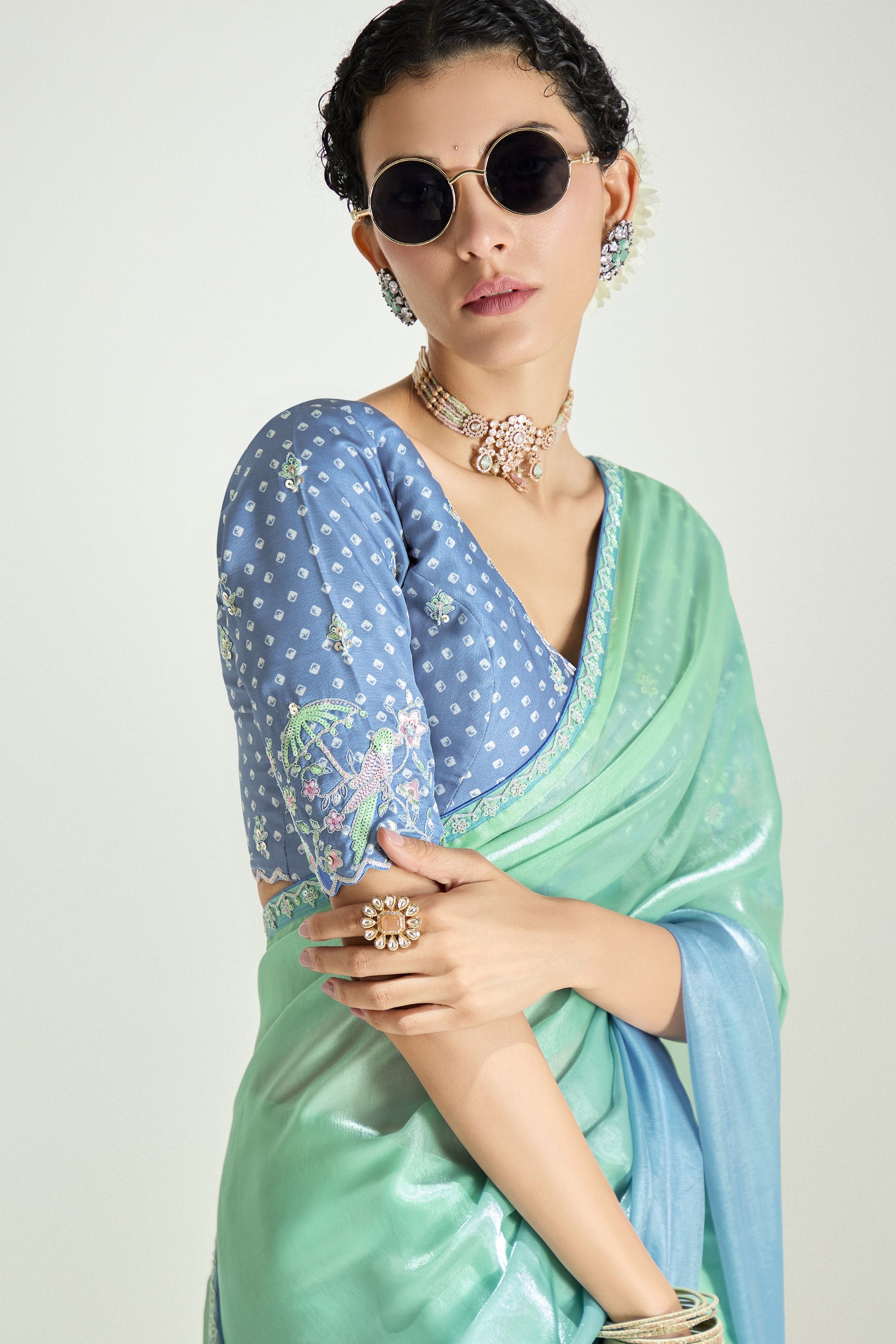2-Tone Grey Organza Tissue Saree-ZB134899_2_SareeButa.com