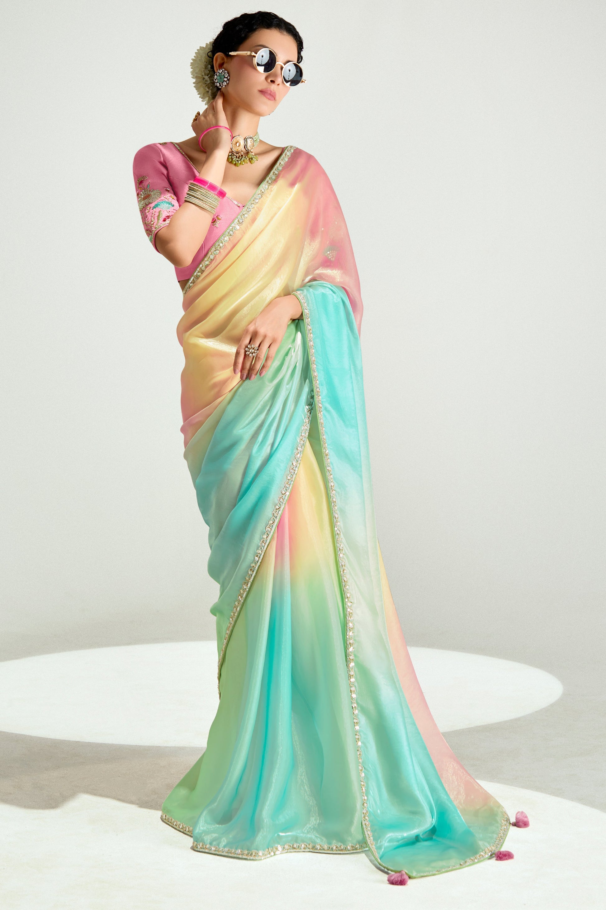 2-Tone Multicolor Organza Tissue Saree-ZB134901_1_SareeButa.com