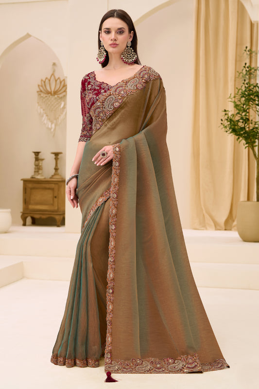 2-Tone Olive Embroidered Georgette Tissue Saree-SAR12447_1_SareeButa.com