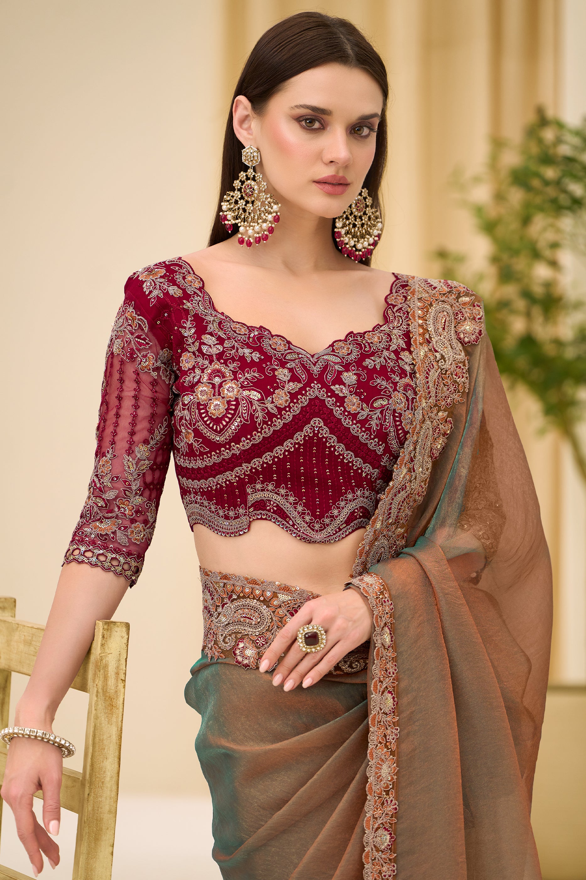2-Tone Olive Embroidered Georgette Tissue Saree-SAR12447_2_SareeButa.com