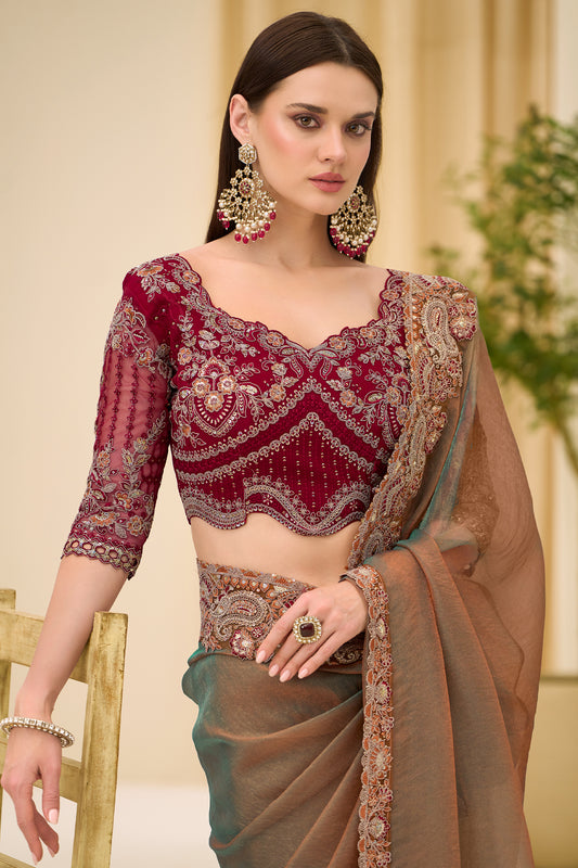 2-Tone Olive Embroidered Georgette Tissue Saree-SAR12447_2_SareeButa.com