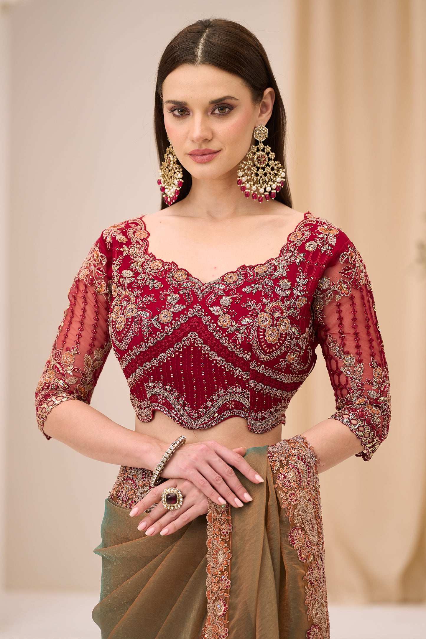 2-Tone Olive Embroidered Georgette Tissue Saree-SAR12447_3_SareeButa.com