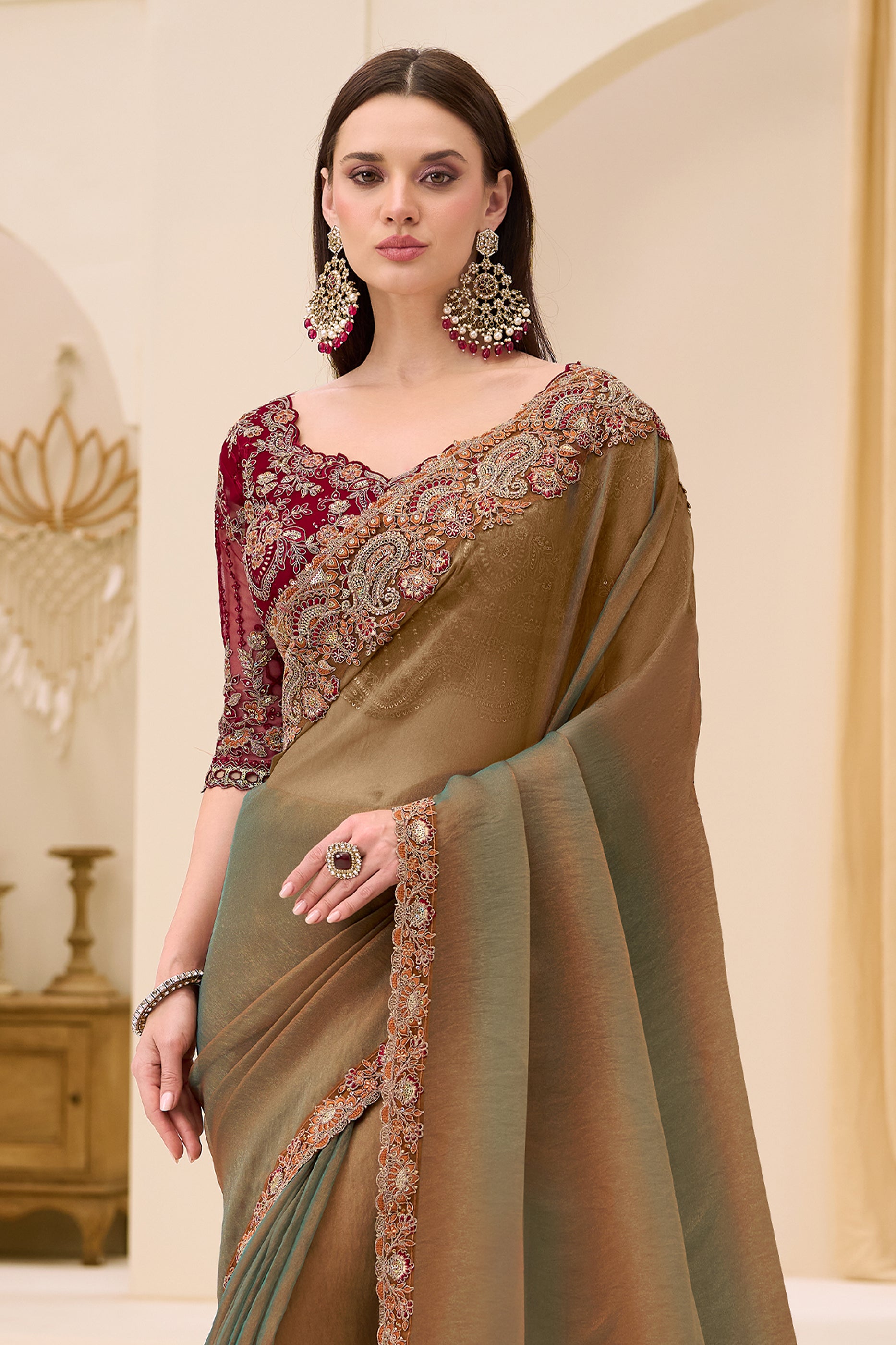 2-Tone Olive Embroidered Georgette Tissue Saree-SAR12447_5_SareeButa.com