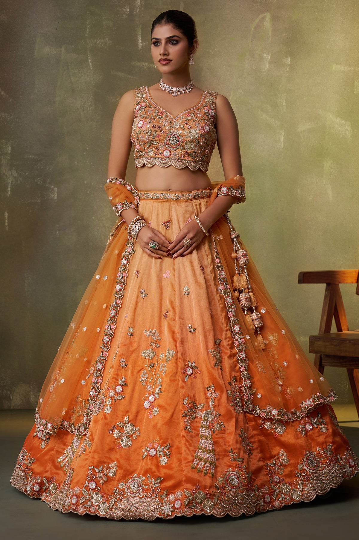 2-Tone Orange Semi Stitched Embroidered Tissue Lehenga-SAR12852_1_SareeButa.com