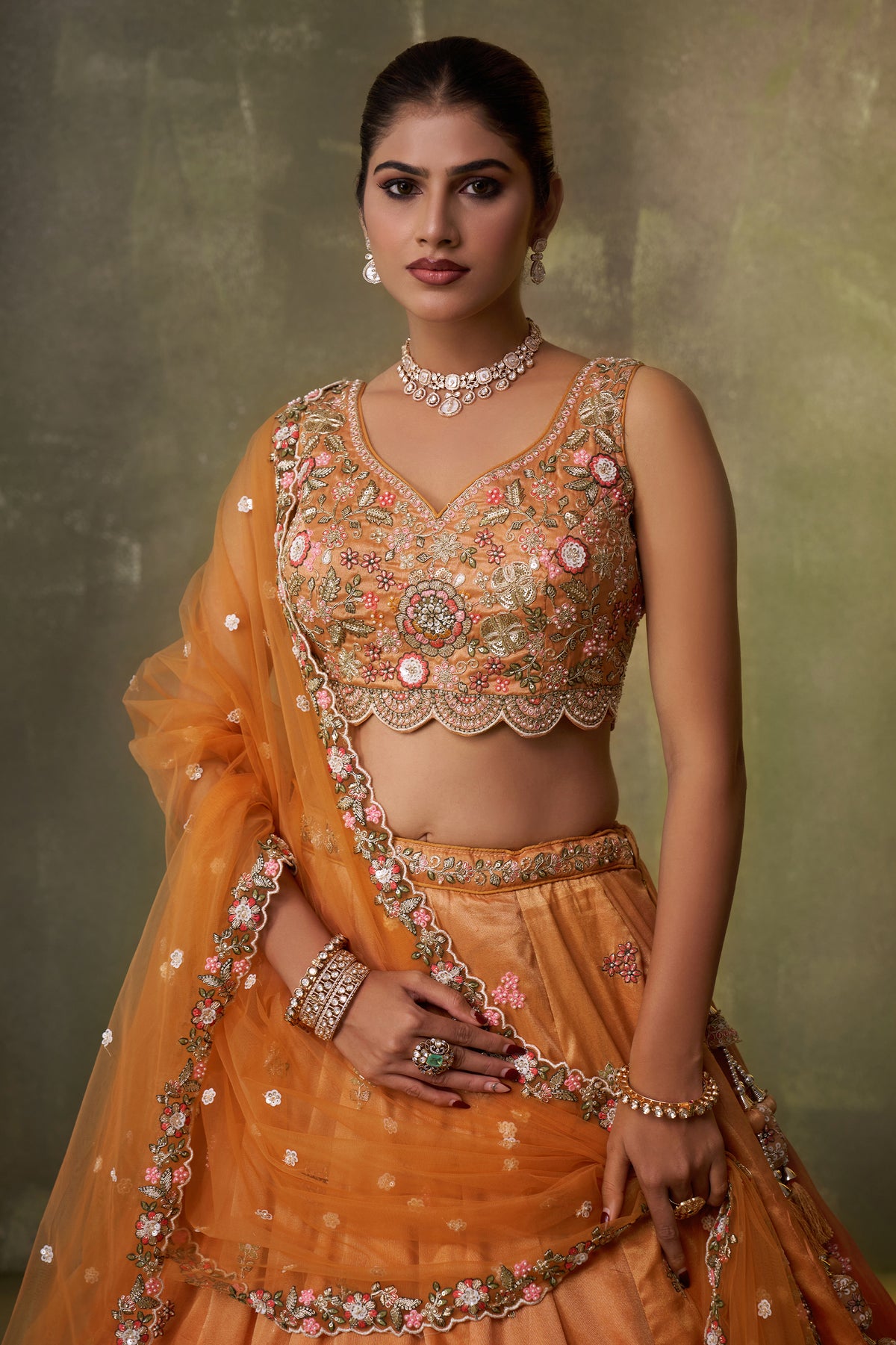 2-Tone Orange Semi Stitched Embroidered Tissue Lehenga-SAR12852_2_SareeButa.com