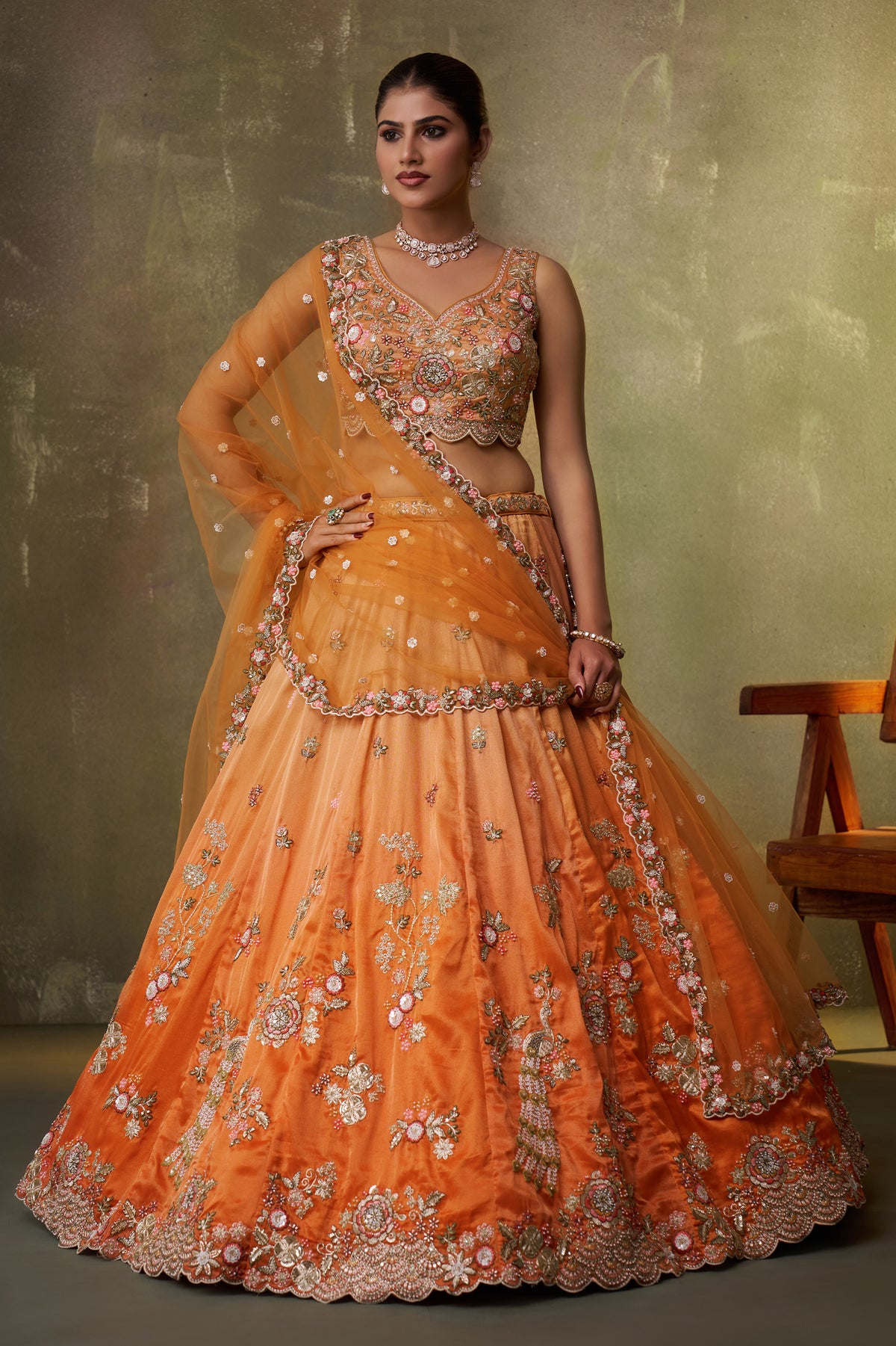 2-Tone Orange Semi Stitched Embroidered Tissue Lehenga-SAR12852_4_SareeButa.com