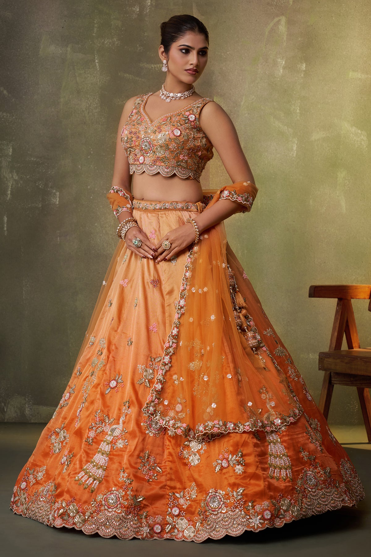 2-Tone Orange Semi Stitched Embroidered Tissue Lehenga-SAR12852_5_SareeButa.com