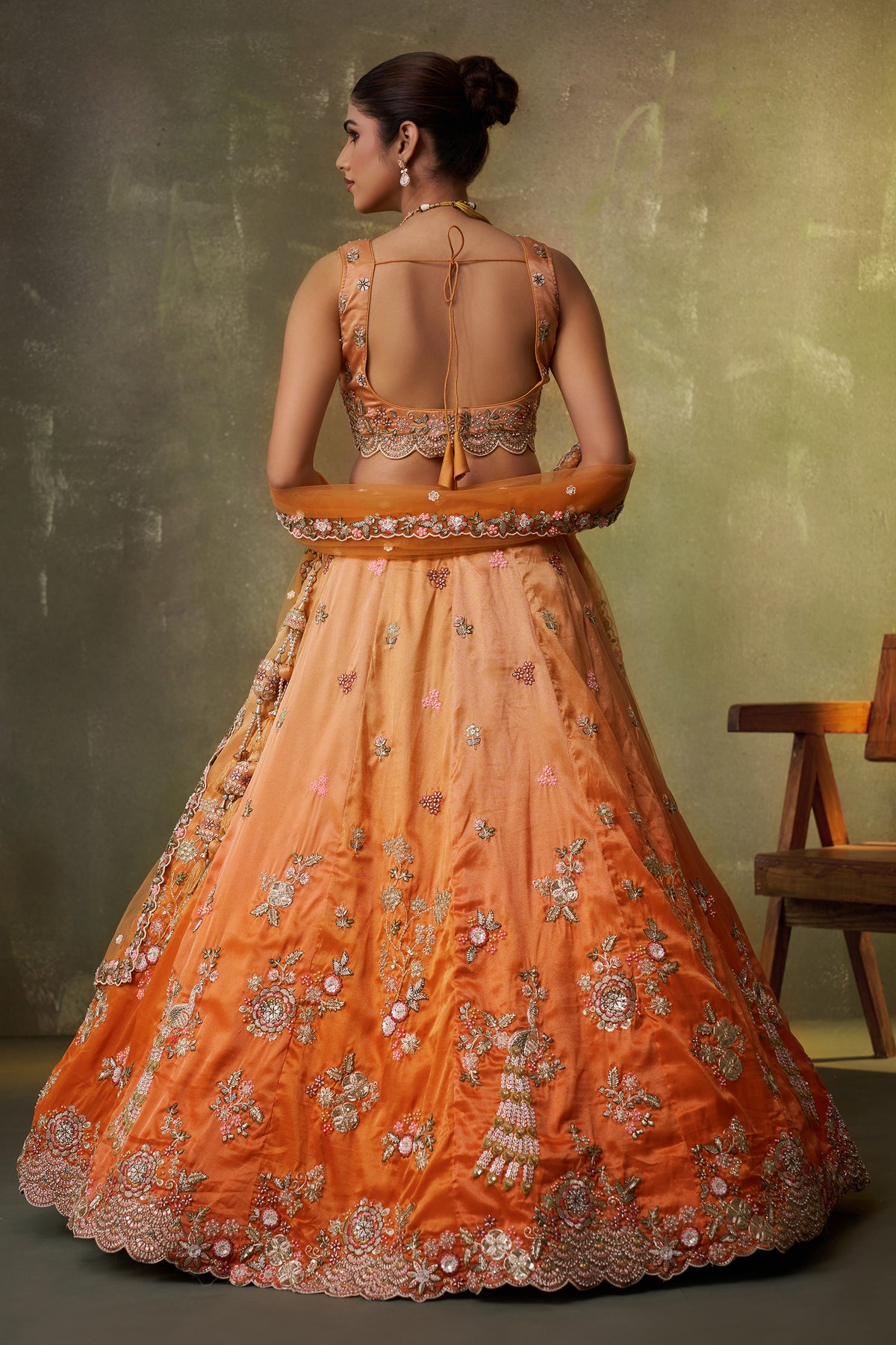 2-Tone Orange Semi Stitched Embroidered Tissue Lehenga-SAR12852_6_SareeButa.com