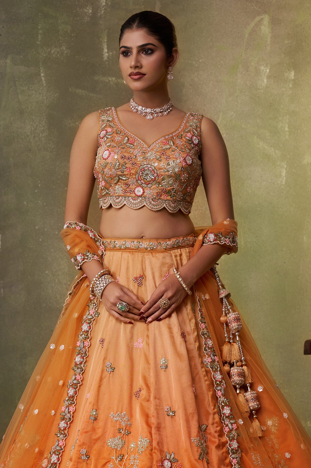 2-Tone Orange Semi Stitched Embroidered Tissue Lehenga-SAR12852_7_SareeButa.com