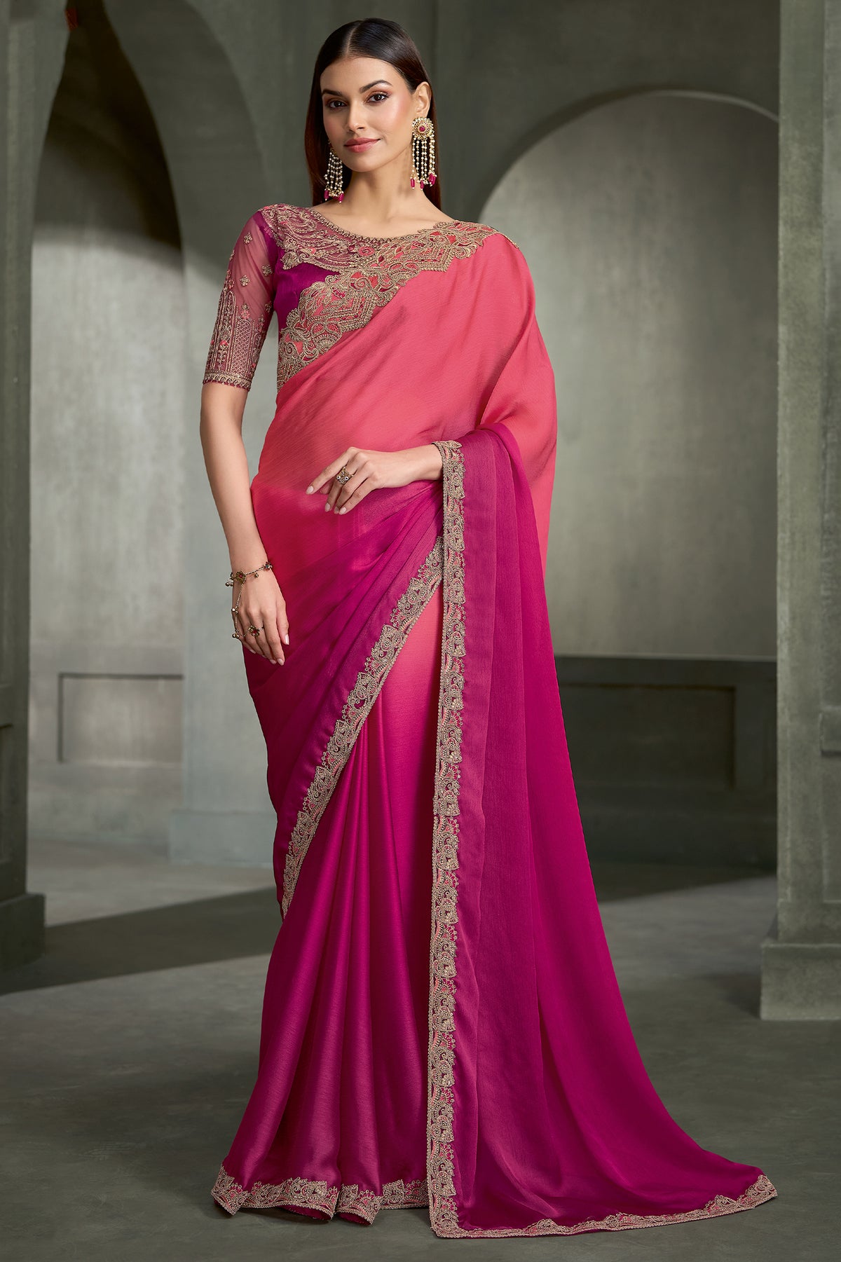 2-Tone Pink Embroidered Satin Chiffon Saree-SAR13280_1_SareeButa.com