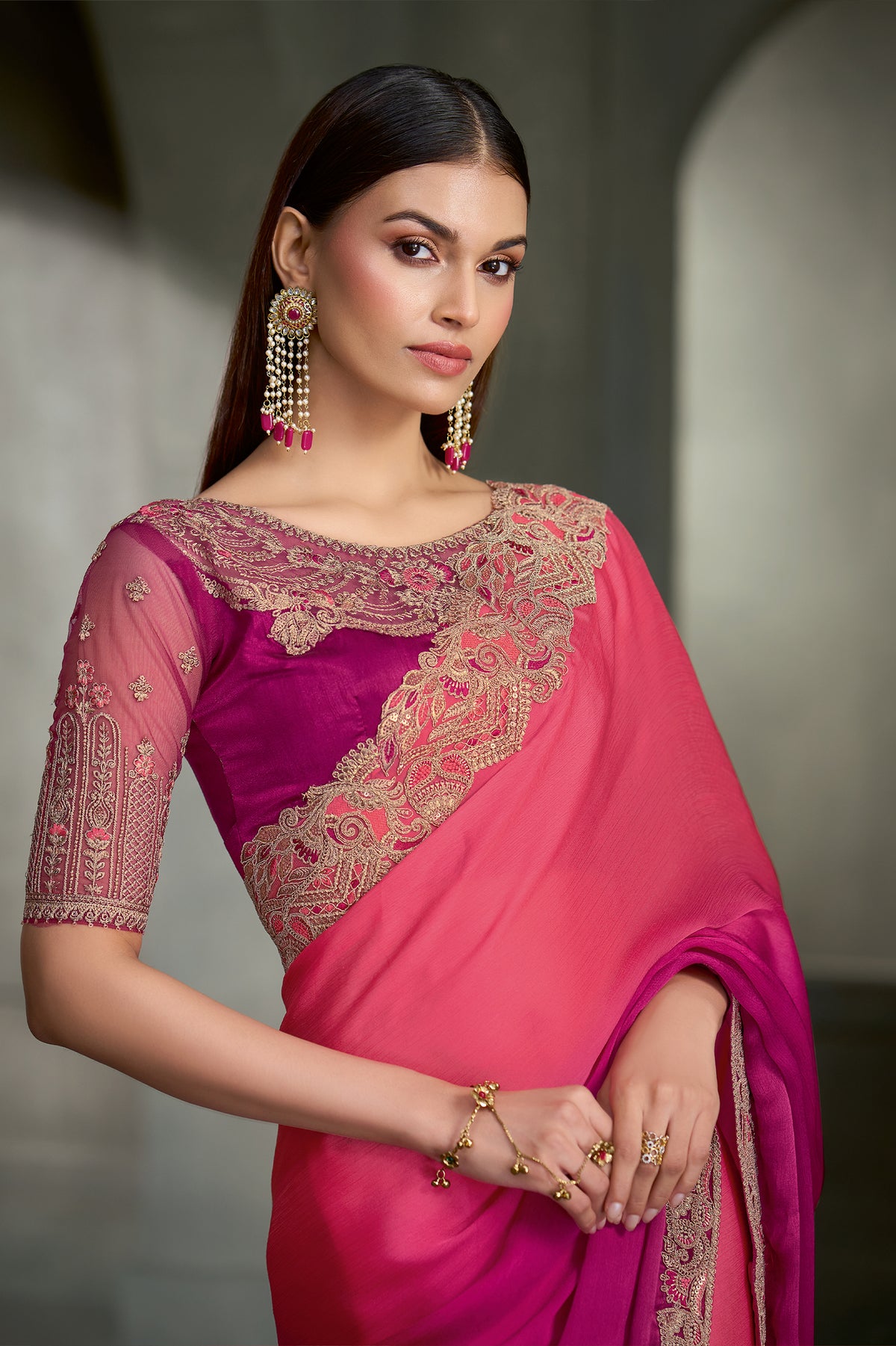 2-Tone Pink Embroidered Satin Chiffon Saree-SAR13280_2_SareeButa.com