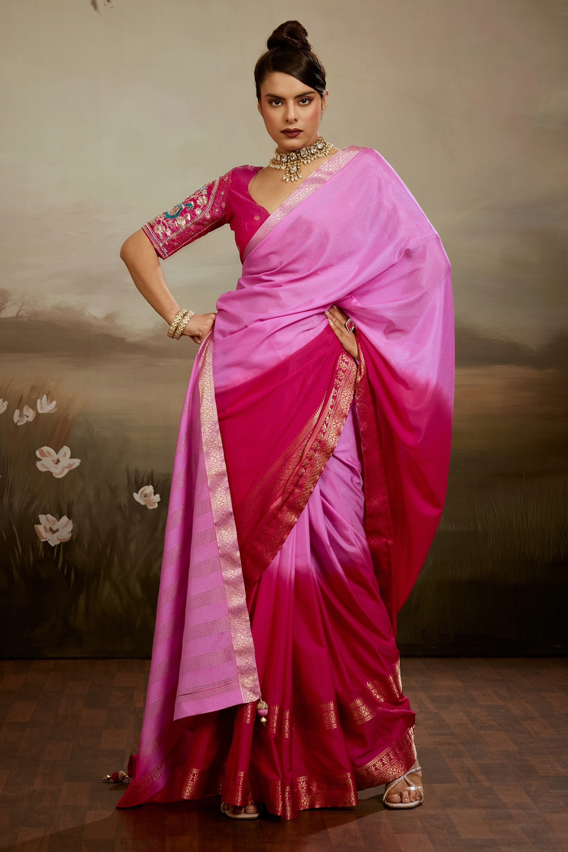 2-Tone Pink Ombre Chiffon Saree-SAR12570_1_SareeButa.com