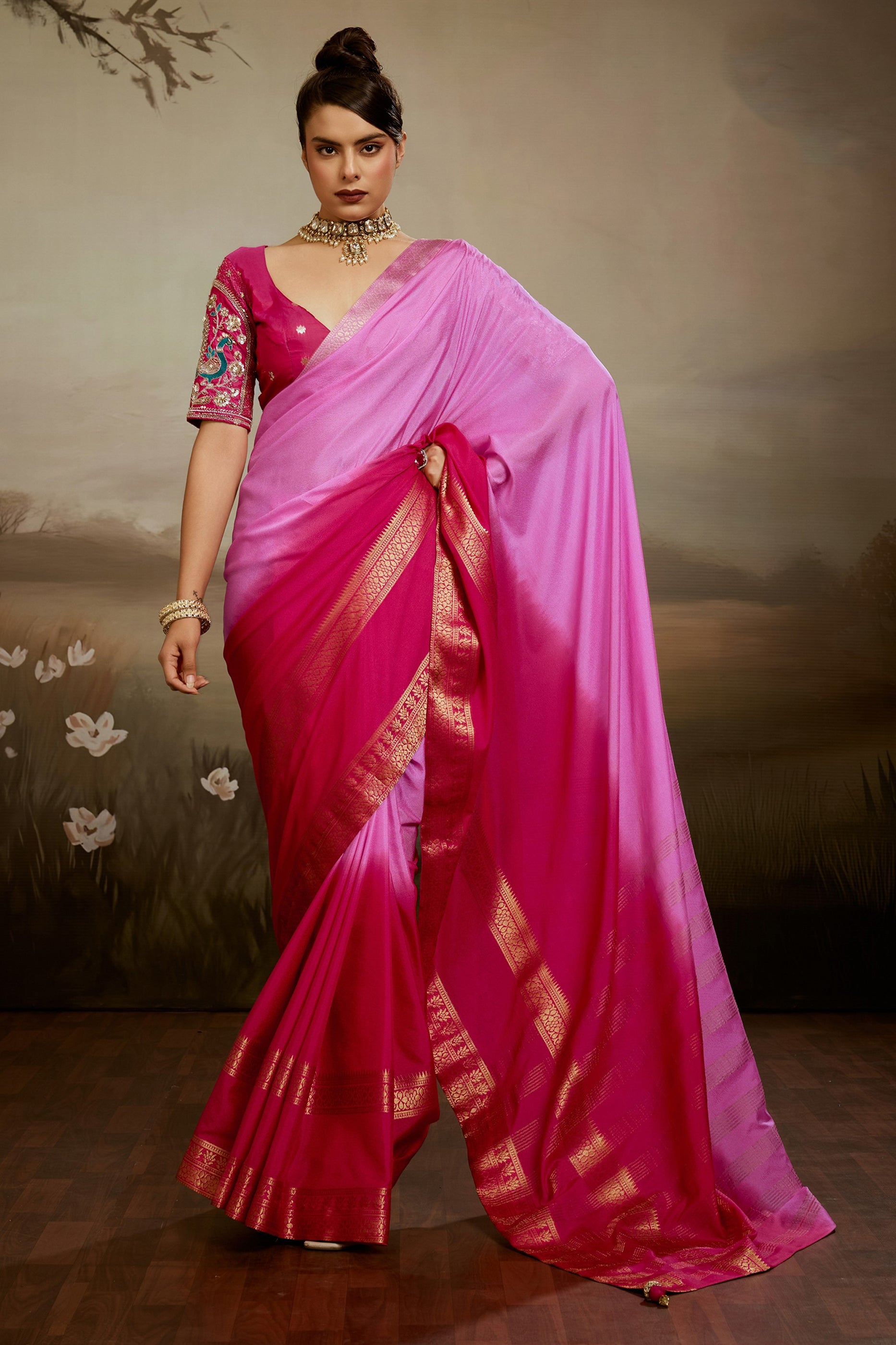 2-Tone Pink Ombre Chiffon Saree-SAR12570_3_SareeButa.com