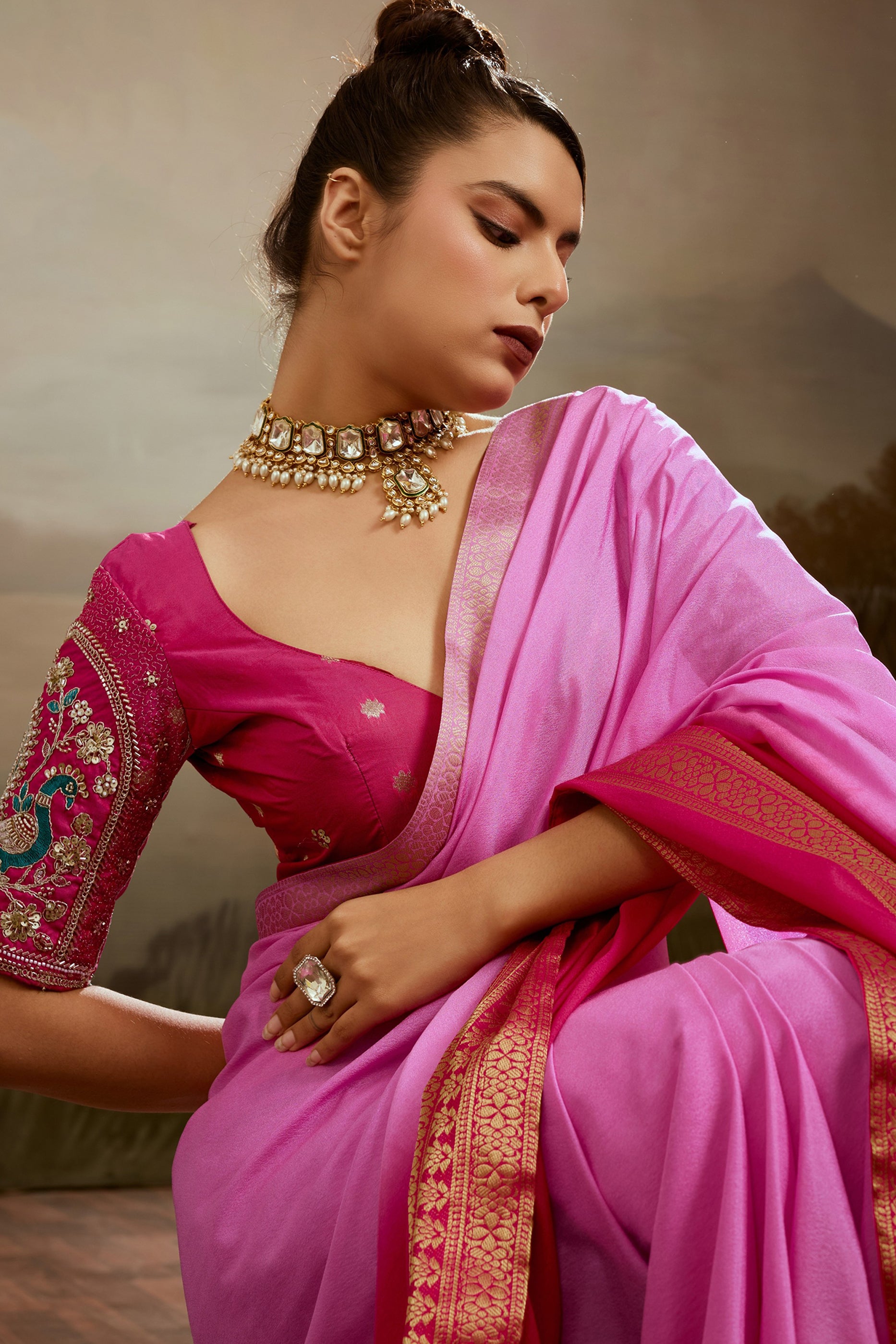 2-Tone Pink Ombre Chiffon Saree-SAR12570_4_SareeButa.com