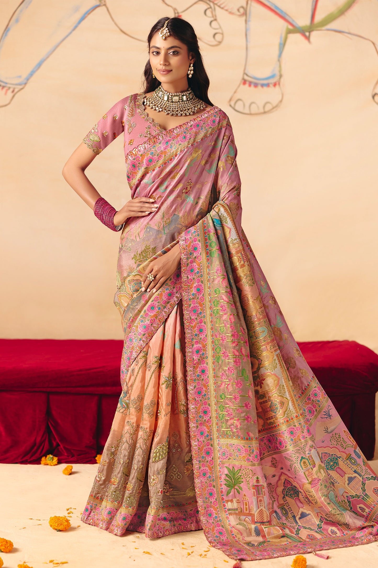 2-Tone Pink Zari Work Dola Silk Saree With Embroidery-SAR12074_1_SareeButa.com