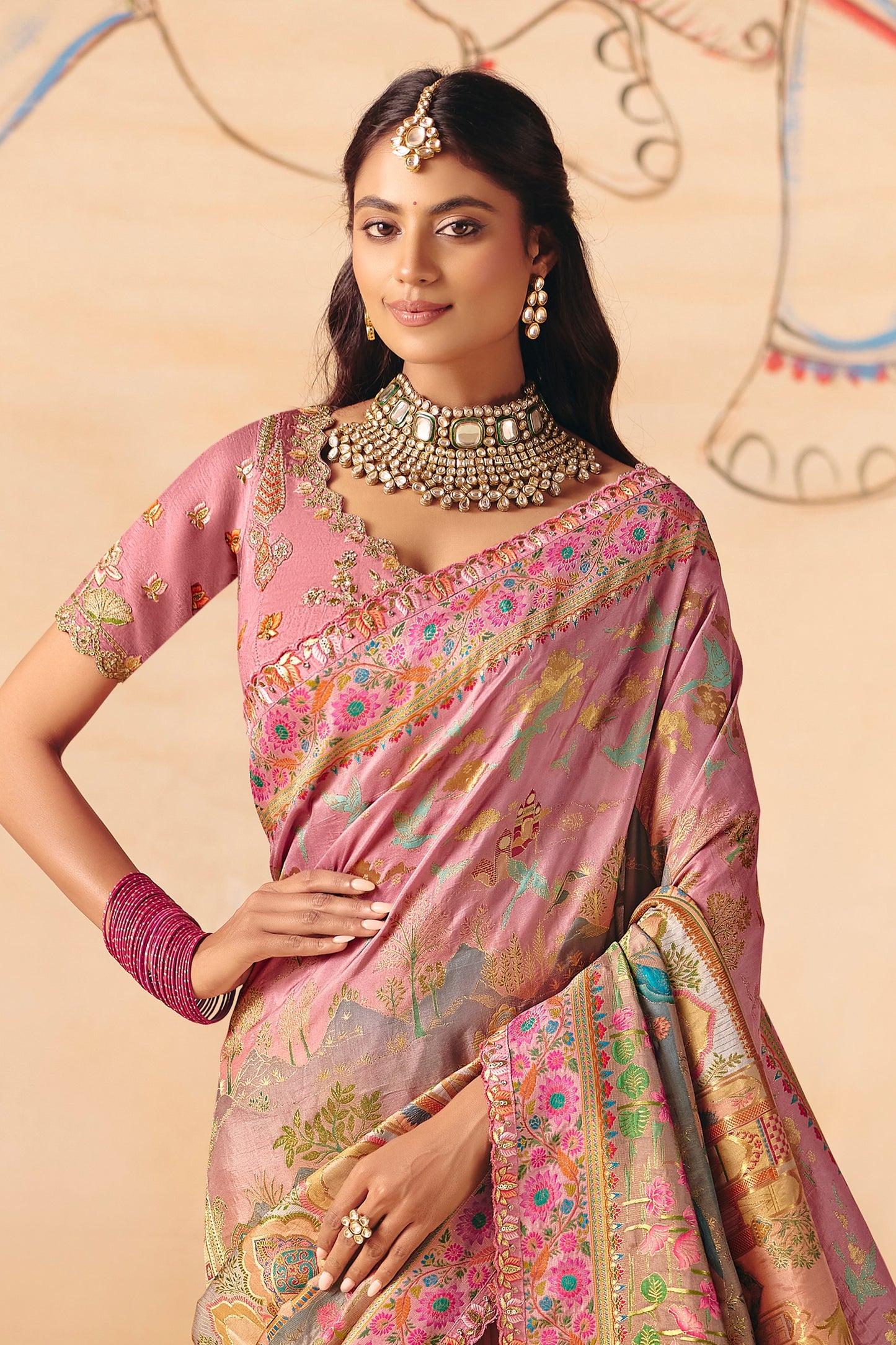 2-Tone Pink Zari Work Dola Silk Saree With Embroidery-SAR12074_3_SareeButa.com