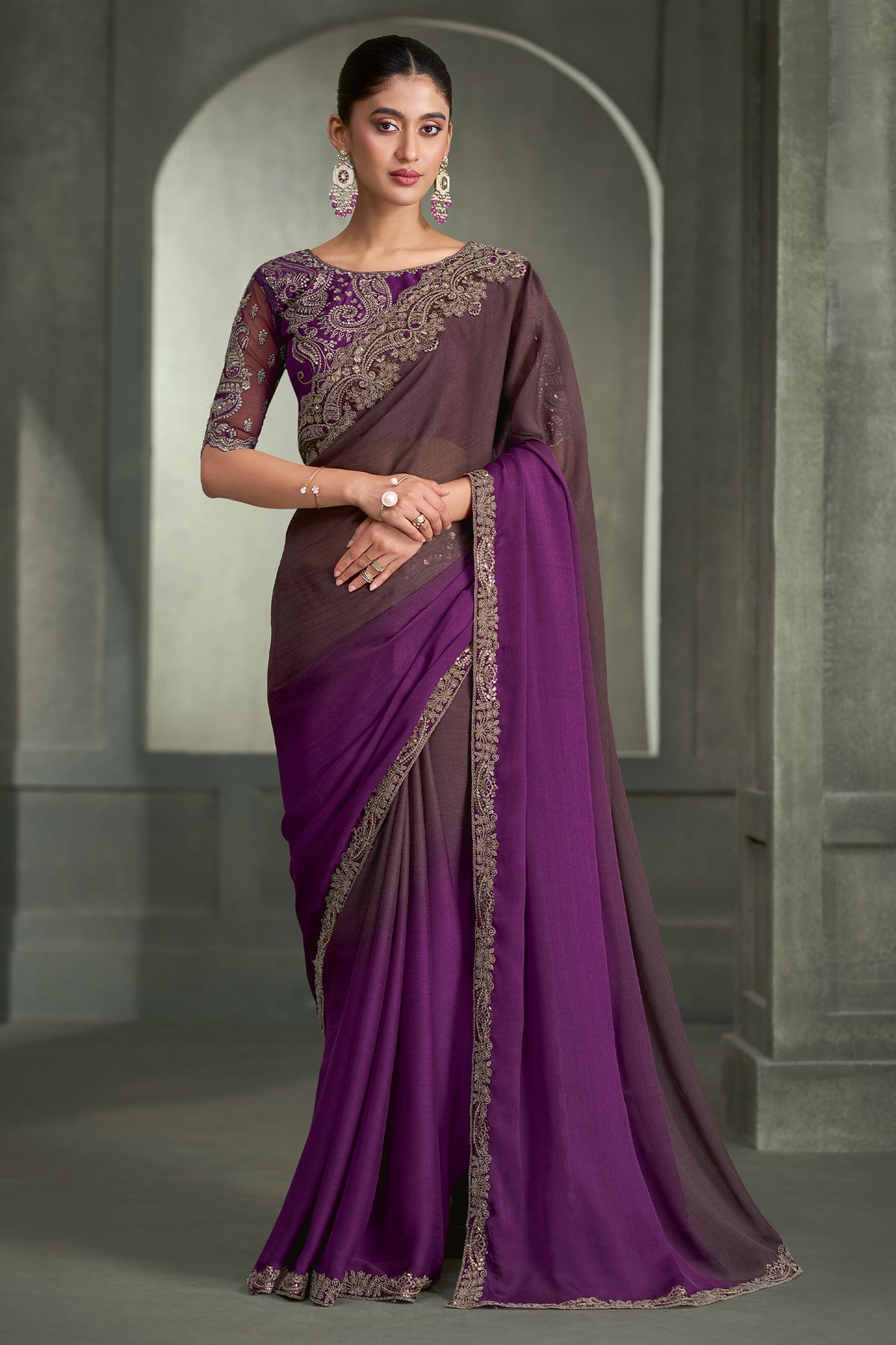2-Tone Purple Embroidered Chiffon Saree-SAR13287_1_SareeButa.com