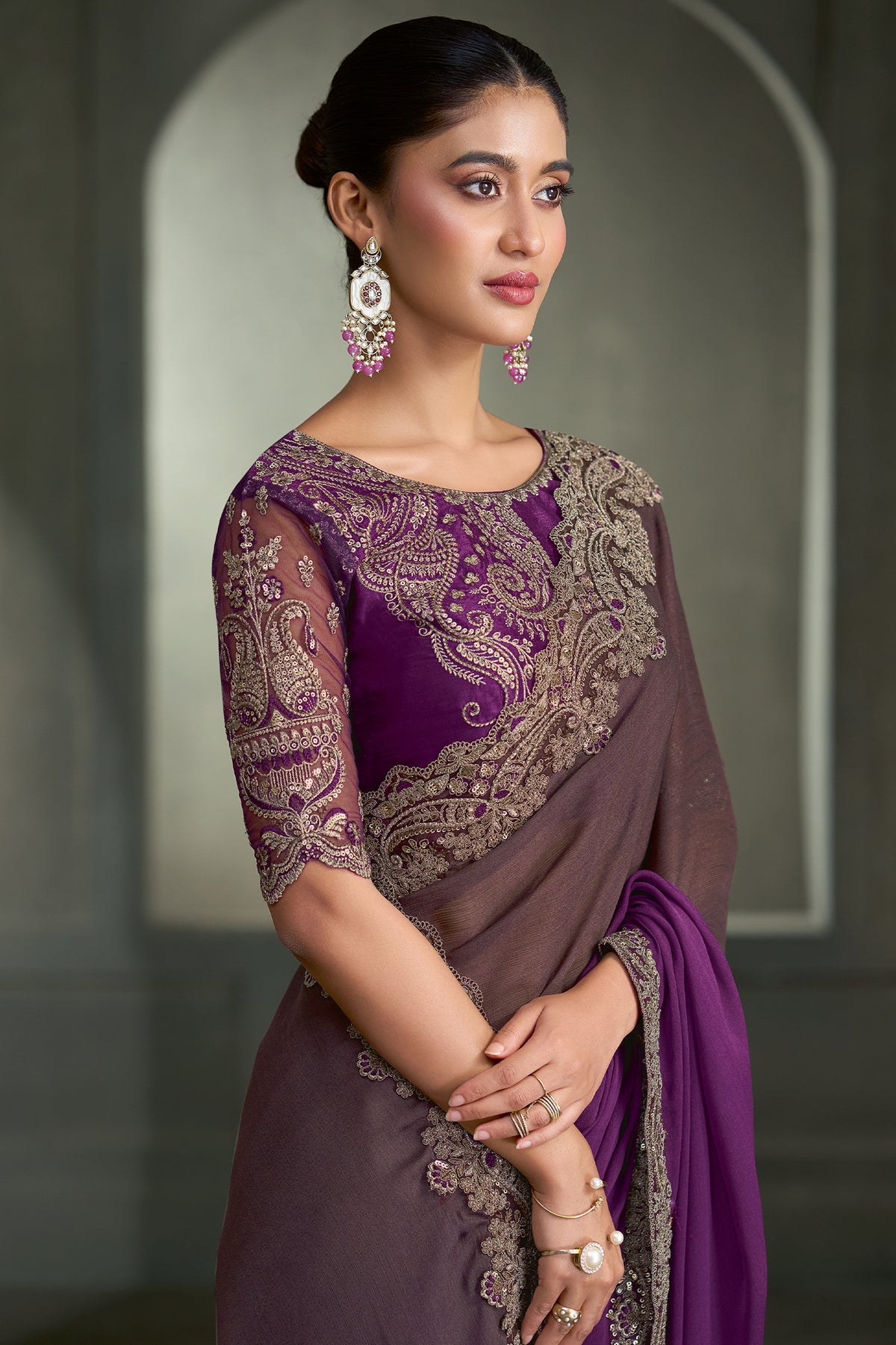 2-Tone Purple Embroidered Chiffon Saree-SAR13287_2_SareeButa.com