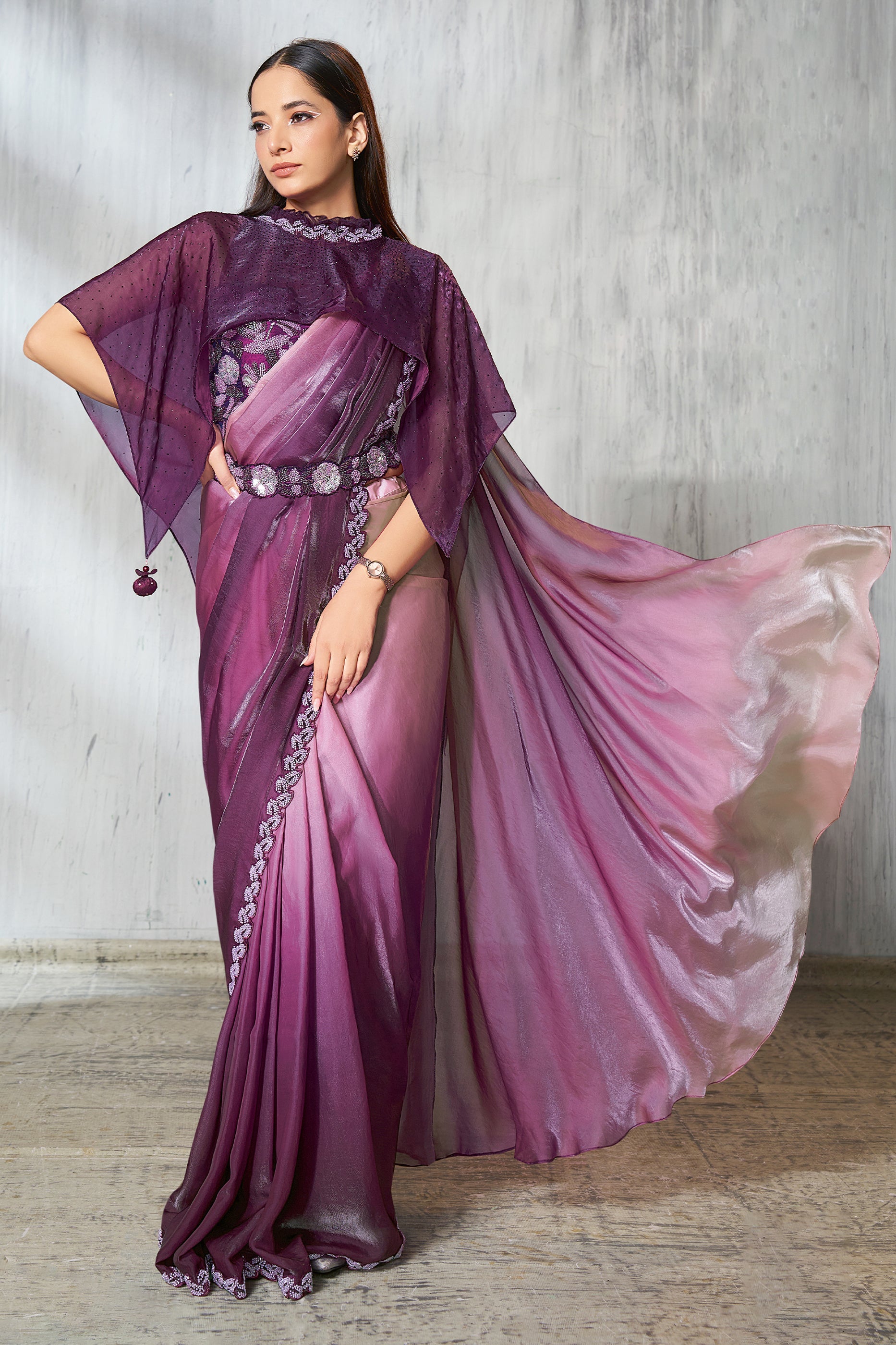 2-Tone Purple Satin Silk Readymade Saree-SAR11133_1_SareeButa.com
